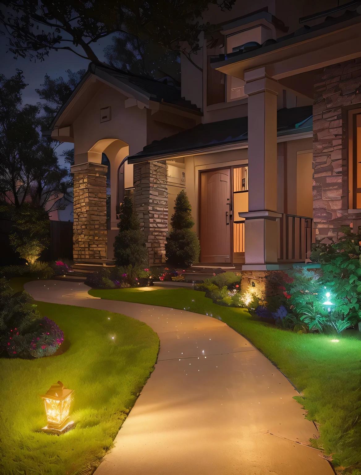 Arav style house with path leading to the front yard, cinematic outdoor lighting, Reddish exterior lighting, soft filtered outdoor lighting, Enhance lighting, outdoor lighting, Ambient lighting at night, outdoor lighting, volumetric outdoor lighting, soft blur outdoor lighting, Wide-angle establishing shot, with photoPractical lighting, Practical. Beautiful Lights, Outdoor lighting, Night lighting, Real Lighting