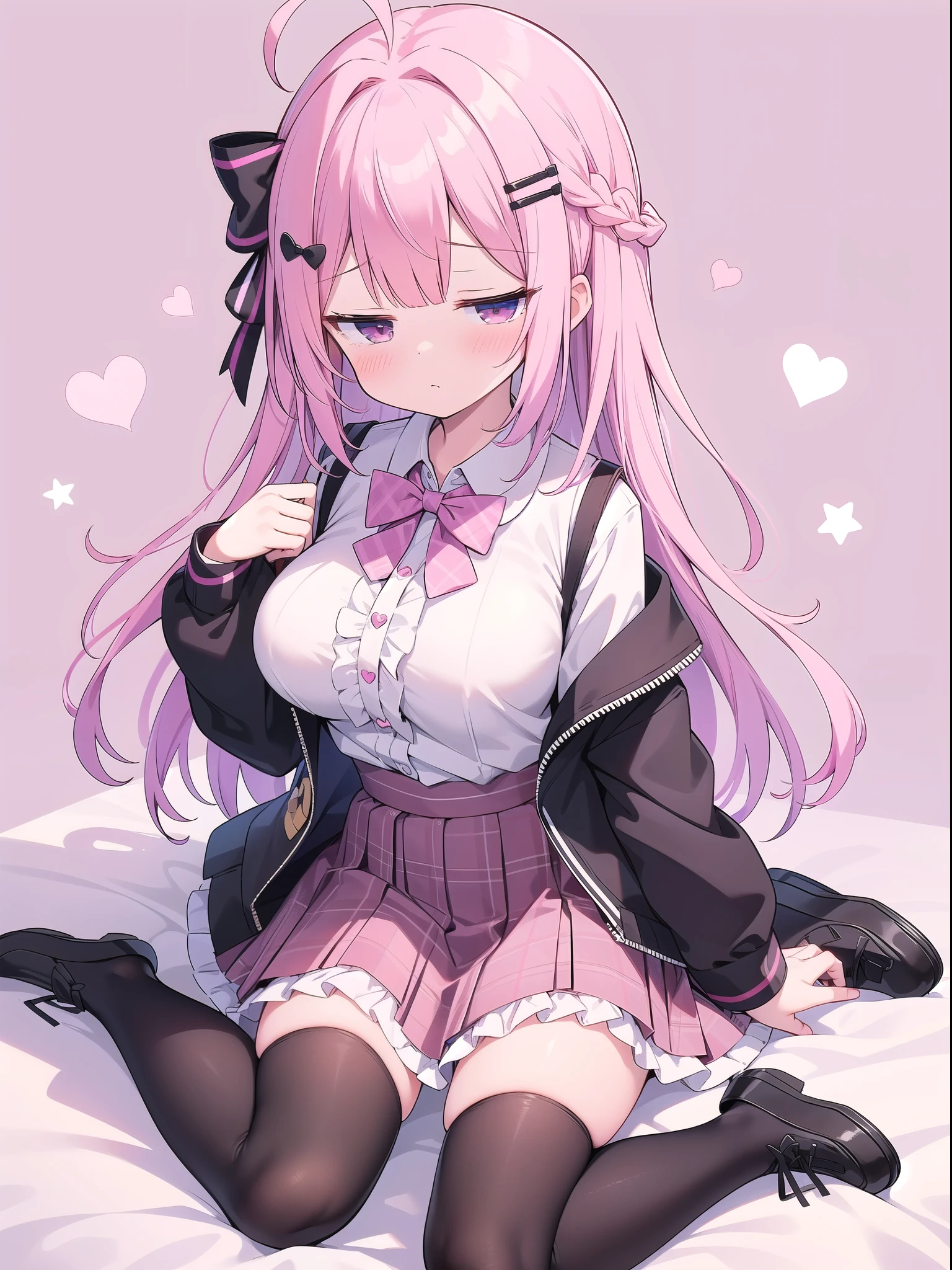 Touching breasts, side breast, side breast, large breasts,High Resolution 1girl Ahoge Bobby_pin bow bowtie braid brOwn_目s collared_shirt dojikko_Temporarily stop_shirt frilled_shirt_Color Free Joint_skirt frills hair_bow hair_ornament hairpin hand_in addition_Own_head, heart, heart_hair_Decorative hood_jacket jacket lin additiong_Pentagon Pink_hair plaid plaid_Ribbon Check_Pleated skirt_skirt shirt shoelaces shoes simple_background skirt solo star_(symbol) twin_Braided Warisa White_Background bus stop_Knee socks, whole body
