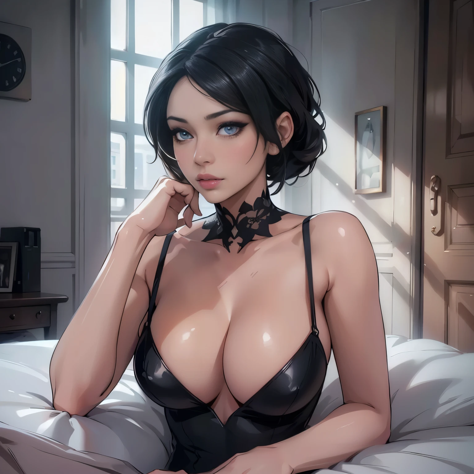 (best quality,4k,8k,highres,masterpiece:1.2),ultra-detailed,(realistic,photorealistic,photo-realistic:1.37),Ada Wong laying down,beautiful detailed eyes,beautiful detailed lips,extremely detailed eyes and face,longeyelashes,female,resilient and confident appearance,sleek and elegant black dress,mysterious and alluring expression,posing gracefully,soft lighting,subtle shadows, in a room