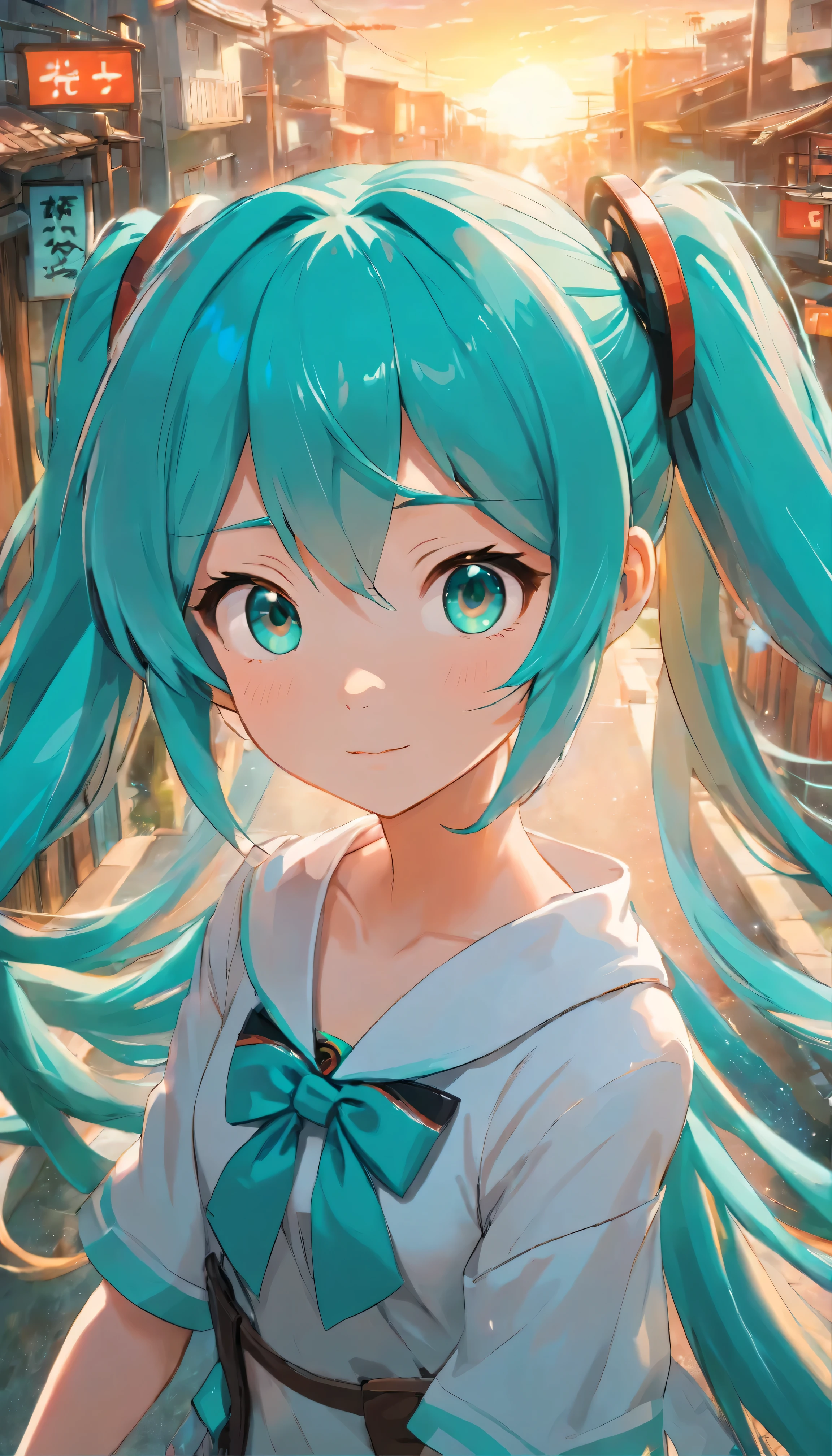 (1girl who drew Hatsune Miku、Ultra-detailed、A cowboy hat to accentuate big eyes、Intricately designed outfit with sequins and holographic effects、Detailed facial features with playful expressions、Artful digital art touch-up、 BREAK、Cowboy Setting、Dusty Road、Sunset in the background、Lasso in hand、High-contrast lighting creates depth and texture、Hatsune Miku's vibrant colors stand out against the earthy color scenes、 BREAK、Hatsune Miku's face close-up、Expressing determination and excitement、Freckles and pores are visible、Bring out the realism
