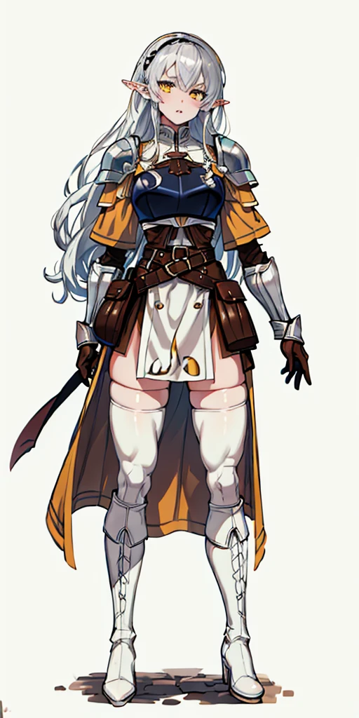 masterpiece, best quality, high quality, white SKIN elf, long hair, white hair, yellow eyes, full body, def_effie, blue breastplate, white skin, looking at viewer, shiny,armor, thighhighs, high boots,shoulder armor, faulds, poleyn, gloves, gauntlets