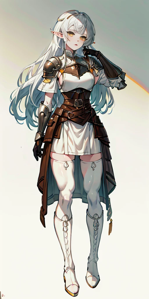 masterpiece, best quality, high quality, white SKIN elf, long hair, white hair, yellow eyes, full body, def_effie, blue breastplate, white skin, looking at viewer, shiny,armor, thighhighs, high boots,shoulder armor, faulds, poleyn, gloves, gauntlets