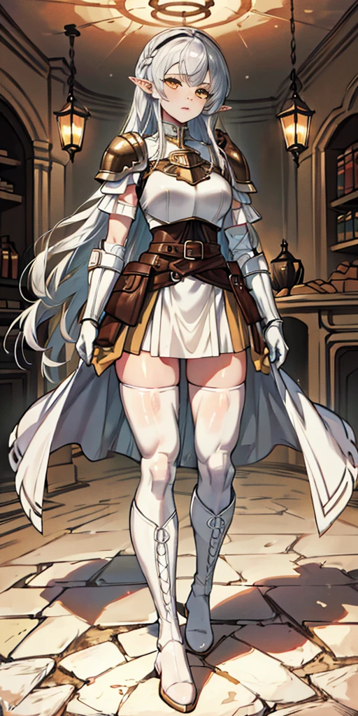 masterpiece, best quality, high quality, white SKIN elf, long hair, white hair, yellow eyes, full body, def_effie, blue breastplate, white skin, looking at viewer, shiny,armor, thighhighs, high boots,shoulder armor, faulds, poleyn, gloves, gauntlets