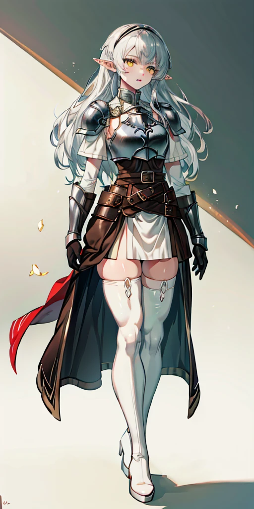 masterpiece, best quality, high quality, white SKIN elf, long hair, white hair, yellow eyes, full body, def_effie, blue breastplate, white skin, looking at viewer, shiny,armor, thighhighs, high boots,shoulder armor, faulds, poleyn, gloves, gauntlets