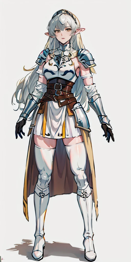 masterpiece, best quality, high quality, white SKIN elf, long hair, white hair, yellow eyes, full body, def_effie, blue breastplate, white skin, looking at viewer, shiny, armor, thigh highs, high boots, shoulder armor, faulds, poleyn, gloves, gauntlets