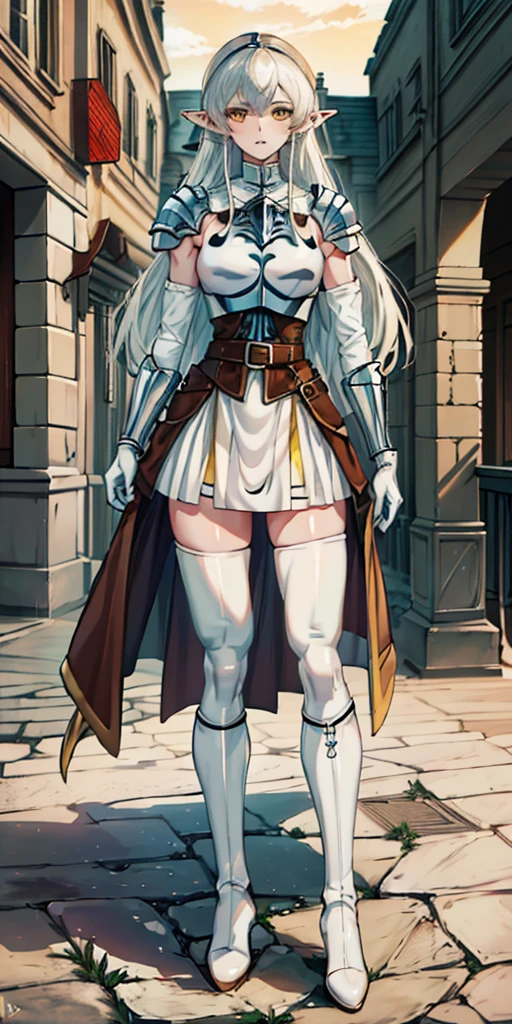 masterpiece, best quality, high quality, white SKIN elf, long hair, white hair, yellow eyes, full body, def_effie, blue breastplate, white skin, looking at viewer, shiny, armor, thigh highs, high boots, shoulder armor, faulds, poleyn, gloves, gauntlets
