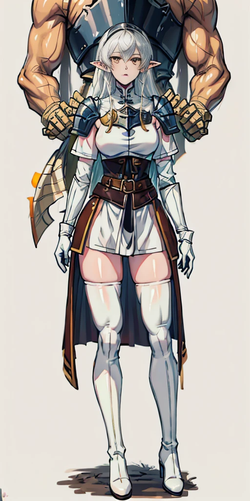 masterpiece, best quality, high quality, white SKIN elf, long hair, white hair, yellow eyes, full body, def_effie, blue breastplate, white skin, looking at viewer, shiny, armor, thigh highs, high boots, shoulder armor, faulds, poleyn, gloves, gauntlets