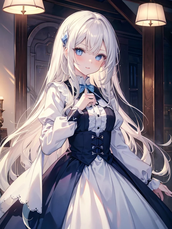masutepiece, Highest Quality, (Perfect face:1.1), (high detailing:1.1), (ultradetailed eyes), Dramatic, superfine illustration, Extremely detailed, 1girl in, (pale skin), long white hair, Ethereal eyes, Blue eyes,tareme, (light eyebrow),blush,Solo,Smile, Happy, Laugh together,Enjoy,close mouth, Pouty lips,Cinematic lighting, Looking at Viewer, Cowboy Shot,Long sleeve, long sleeve,blue princess dress, indoor,school