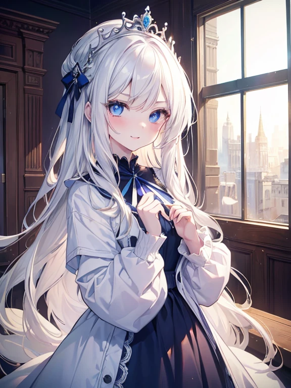 masutepiece, Highest Quality, (Perfect face:1.1), (high detailing:1.1), (ultradetailed eyes), Dramatic, superfine illustration, Extremely detailed, 1girl in, (pale skin), long white hair, Ethereal eyes, Blue eyes,tareme, (light eyebrow),blush,Solo,Smile, Happy, Laugh together,Enjoy,close mouth, Pouty lips,Cinematic lighting, Looking at Viewer, Cowboy Shot,Long sleeve, long sleeve,blue princess dress, indoor,school
