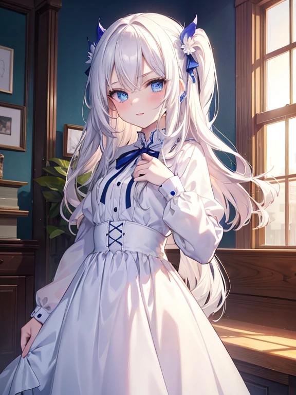 masutepiece, Highest Quality, (Perfect face:1.1), (high detailing:1.1), (ultradetailed eyes), Dramatic, superfine illustration, Extremely detailed, 1girl in, (pale skin), long white hair, Ethereal eyes, Blue eyes,tareme, (light eyebrow),blush,Solo,Smile, Happy, Laugh together,Enjoy,close mouth, Pouty lips,Cinematic lighting, Looking at Viewer, Cowboy Shot,Long sleeve, long sleeve,blue princess dress, indoor,school