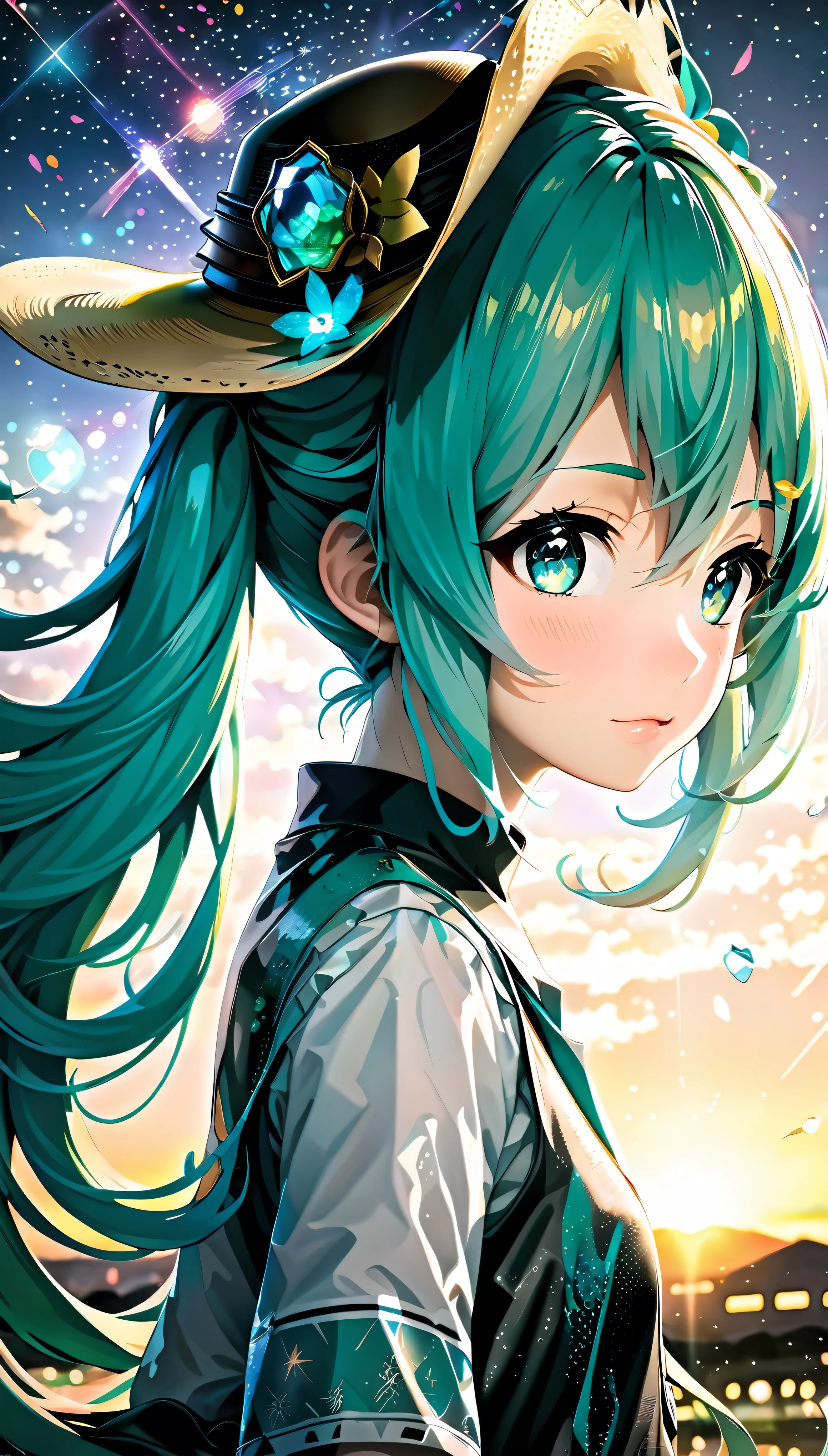 with high definition images,(1girl who drew Hatsune Miku、Ultra-detailed、A cowboy hat to accentuate big eyes、Intricately designed outfit with sequins and holographic effects、Detailed facial features with playful expressions、Artful digital art touch-up、 BREAK、Cowboy Setting、Dusty Road、Sunset in the background、Lasso in hand、High-contrast lighting creates depth and texture、Hatsune Miku's vibrant colors stand out against the earthy color scenes、 BREAK、Hatsune Miku's face close-up、Expressing determination and excitement、Freckles and pores are visible、Bring out the realism。