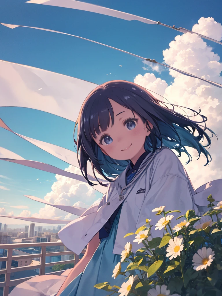masterpiece、highest quality、High resolution、Very detailed、Beautiful eyeedium wide shot、Girl、Put yourself out of the window、smile、Hair blowing in the wind、blue sky、Angle from below、