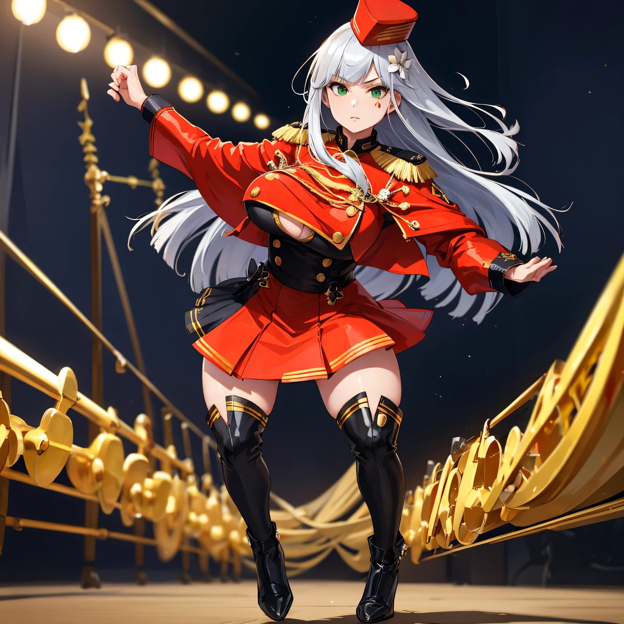 A woman wearing red marching band uniforms with gold details, gold shoulder pads, wearing a red drum major hat with gold details, black boots, big breasts, long silver hair, green eyes, serious face, full body, walking on the dance floor of a city, various people in blurred marching band uniforms,,( solo woman), glow, drop shadow, flower, UHD, masterpiece, accurate, anatomically correct, textured skin, super detail, high quality, best quality, 8k, high resolution, bokeh effect.

