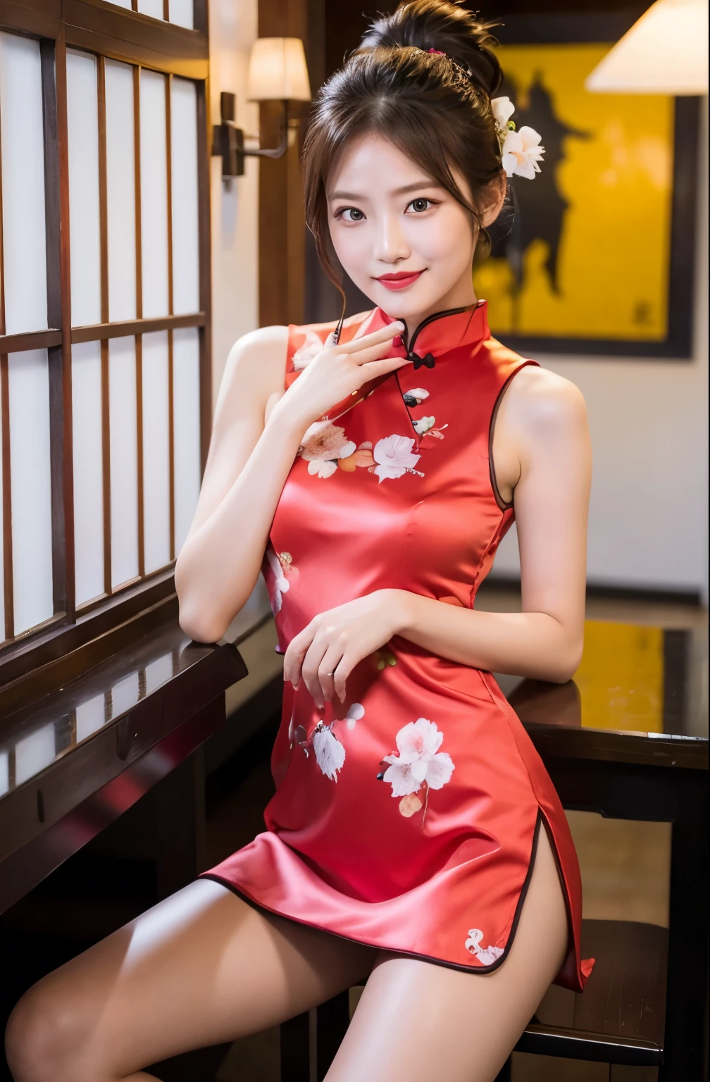 (highest quality、8k、masterpiece、Hmph:1.2)、19-year-old slender beauty,Flashy makeup using red eyeshadow,Open your mouth wide、Yōho、double eyelid,Delicate medium cut ponytail,squat、Spread your legs, Showing white panties,Her white panties are clearly visible、Sexy Chinese dress and silk mini skirt,The best smile,She is wearing a sexy short colorful cheongsam。。,Cheongsam with deep slit,Draw hands correctly,The background is the bright interior of a Chinese restaurant...,