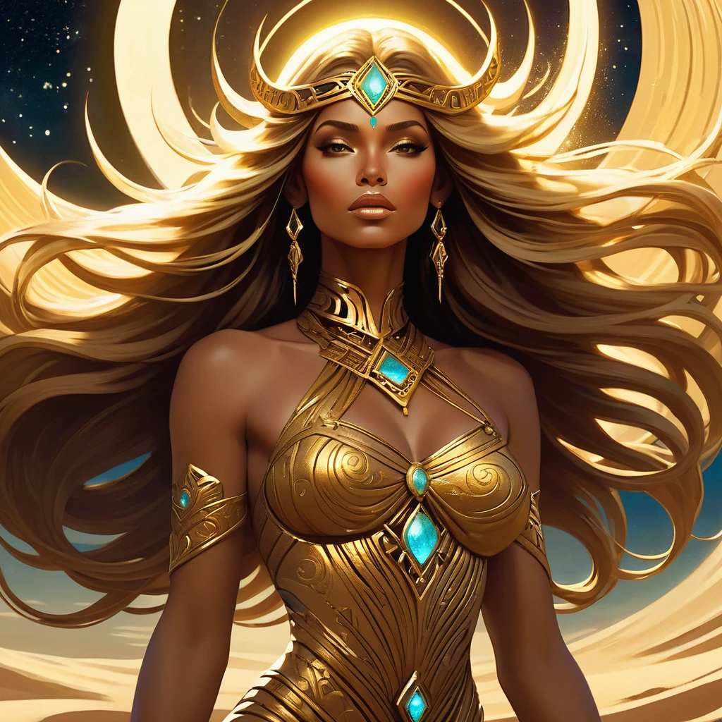 (A beautiful cinematic ornamented female sand goddess, golden dress, glow golden tattoo), (galactic Shaman with Quantum Energy fantasy), fantasy magic, long hairstyle, dark light night, intricate, ethereal, sharp focus, illustration, highly detailed, digital painting, concept art, matte, (art by WLOP), (by Justin Gerard and Jason Edmiston: 1.5), (by Greg Rutkowski: 0.4), (by Alphonse Mucha: 0.4), masterpiece