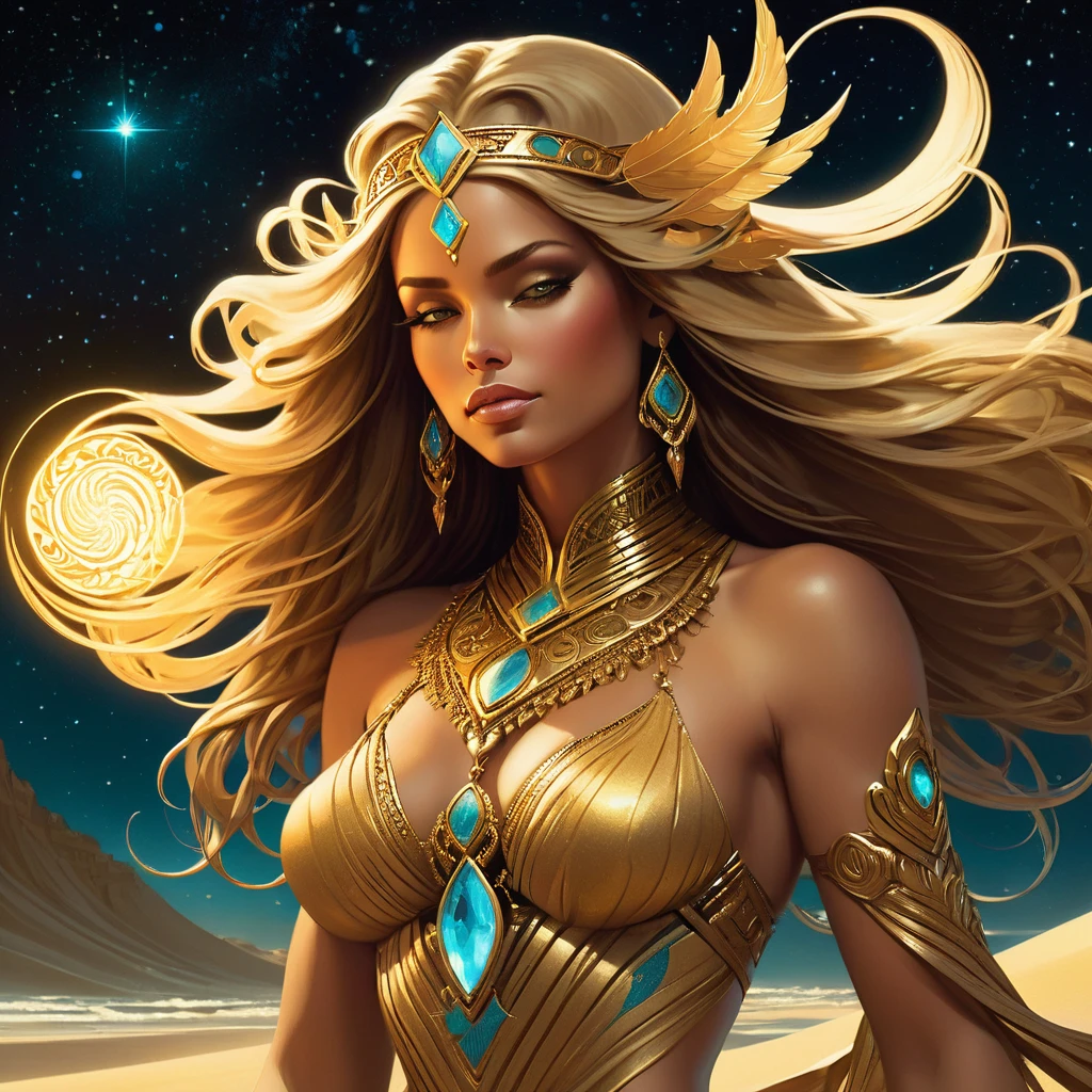 (A beautiful cinematic ornamented female sand goddess, golden dress, glow golden tattoo), (galactic Shaman with Quantum Energy fantasy), fantasy magic, long hairstyle, dark light night, intricate, ethereal, sharp focus, illustration, highly detailed, digital painting, concept art, matte, (art by WLOP), (by Justin Gerard and Jason Edmiston: 1.5), (by Greg Rutkowski: 0.4), (by Alphonse Mucha: 0.4), masterpiece