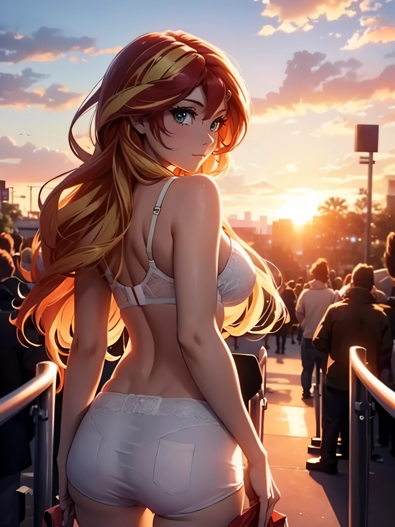 sunset shimmer, white underwear, in line at a movie theater