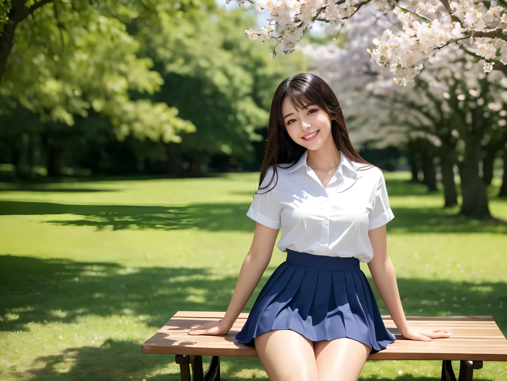 (highest quality、Tabletop、8k、Best image quality、Award-winning works)、One high school girl、、(alone:1.1)、Perfect beautiful composition、(Breasts so big that they almost burst:1.2)、(Accentuate your body lines:1.2)、Slender body、(A perfect and accurate white polyester shirt:1.1)、(Navy Pleated Skirt:1.1)、(Red uniform ribbon on chest:1.1)、(sitting on a park bench:1.1)、(Bold Thick Legs:1.2)、(One of the most natural and perfect benches:1.2)、(The most accurate bench, perfectly crafted:1.1)、(The biggest smile looks at me:1.1)、(Smiling with perfect beautiful teeth:1.1)、(Beautiful park background with strong blur:1.1)、The most natural and perfect beauty park、A perfectly maintained regular park、Standing Elegantly、Natural Makeup、(beautiful thick legs:1.2)、Ultra-high definition beauty face、Ultra HD Hair、Ultra-high definition sparkling eyes、(Ultra-high resolution glossy skin:1.1)、Ultra-high quality glossy lips、(Accurate anatomy:1.1)、(very bright and vivid:1.1)、(Handcrafted to perfection:1.2)、Cherry tree in the distance