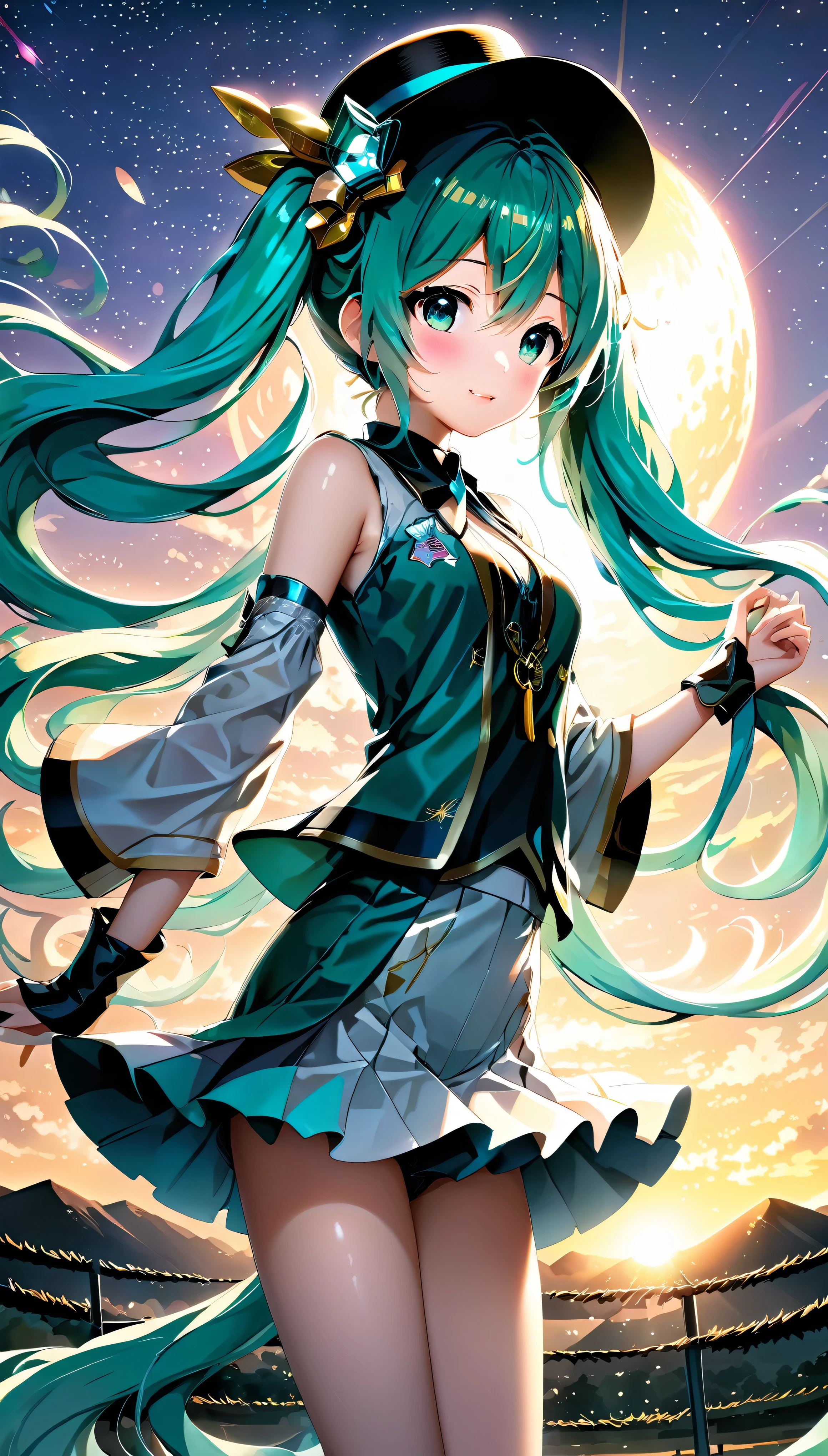 with high definition images,(1girl who drew Hatsune Miku、Ultra-detailed、A cowboy hat to accentuate big eyes、Intricately designed outfit with sequins and holographic effects、Detailed facial features with playful expressions、Artful digital art touch-up、 BREAK、Cowboy Setting、Dusty Road、Sunset in the background、Lasso in hand、High-contrast lighting creates depth and texture、Hatsune Miku's vibrant colors stand out against the earthy color scenes、 BREAK、Hatsune Miku's face close-up、Expressing determination and excitement、Freckles and pores are visible、Bring out the realism。