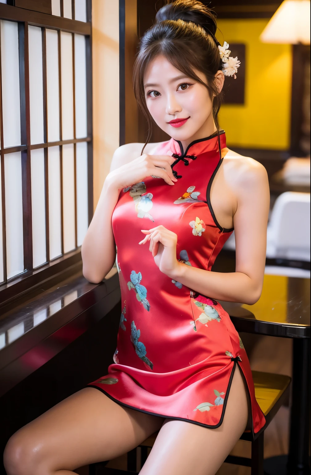 (highest quality、8k、masterpiece、Hmph:1.2)、19-year-old slender beauty，Flashy makeup using red eyeshadow，Open your mouth wide、Yōho、double eyelid，Delicate medium cut ponytail，squat、Spread your legs，　Showing white panties,Her white panties are clearly visible、Sexy Chinese dress and silk mini skirt，The best smile，She is wearing a sexy short colorful cheongsam。。，Cheongsam with deep slit，Draw hands correctly，The background is the bright interior of a Chinese restaurant...，