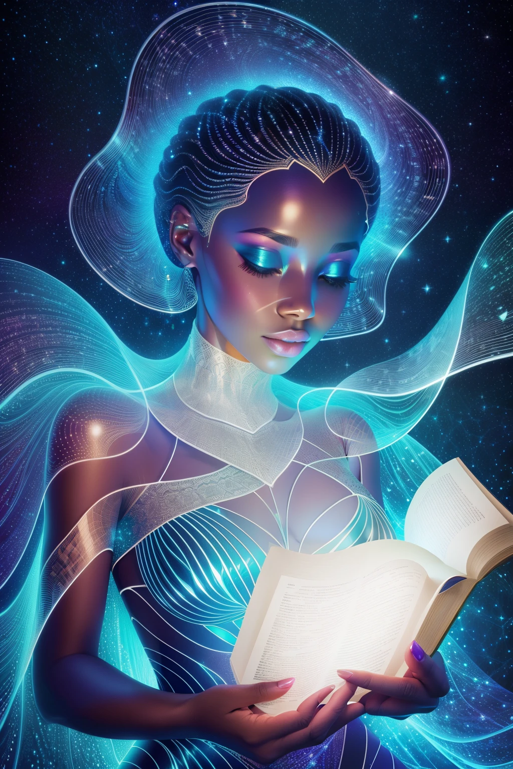 A mesmerizing holographic tableau presents a African woman, impeccably dressed in intricately crafted paper attire, resting atop an expansive, open book. The pages of the book mirrored her form, their words cascading over her body in radiant, gleaming white letters. The serene atmosphere was heightened by the dimly lit library backdrop, which accentuated the crystalline sharpness of the image of the woman nestled within the open tome.