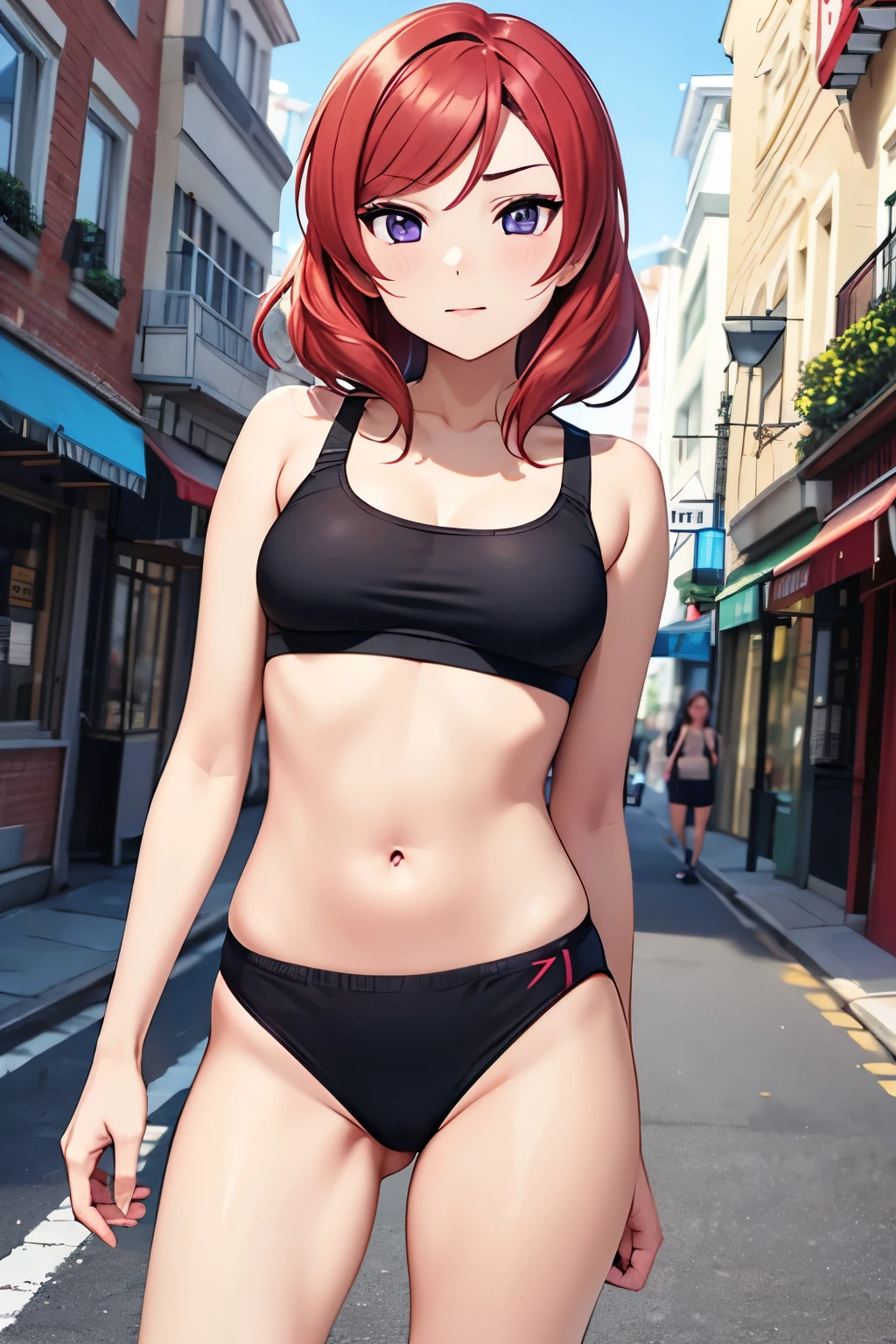 Nishikino maki, purple eyes, gym bra, buruma bottom, standing in n street, early morning , cowboy shot