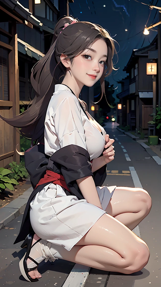 ((((highest quality)))), (((Ultra-precision CG 16K))), (((masterpiece))), (((Very detailed))), (((Extremely detailed))), (((Black outline:1.3, Written boundary depth:1.3 , Written soft outline))), Blur, Bokeh, Maximum clarity and sharpness,Multilayer Texture, Surface Shading, Cinematic lighting, Beautiful details sparkle ,Perfect Proportions, Limited to one woman, break beautiful hair, Beautiful Japanese Idol face, Beautiful and beautiful eyes, Beautiful body, Beautiful breasts, Beautiful thighs, Beautiful legs, Beautiful fingers, (Beautiful views) , Cleavage, Voluptuous body, eight-headed body, ((Beautiful Skin)), ((Skin Texture)) BREAK breast enlarged, medium Breasts, perky tits, (blush, smiling:1.3, pink cheek, eye shadow , narrow eyes, 20 years, Attractive adult woman , anime gyaru , Big eyes) , twin braid, Long Hair, Striped Hair, Hair Intake, Inner hair color, BREAK (japanese traditional fashion), nail art, necklace, Bridal Ring, wearing a watch BREAK (((sitting on steps , Running hand through hair, from side ,from below, full body Shot, long shot, looking above, ((japanese rural street at starry night))