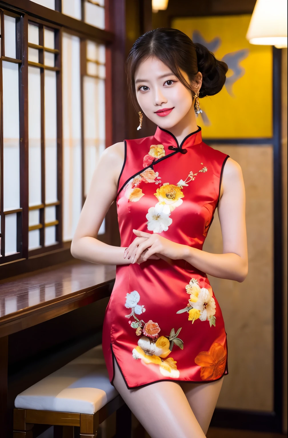 (highest quality、8k、masterpiece、Hmph:1.2)、19-year-old slender beauty,Flashy makeup using red eyeshadow,Open your mouth wide、Yōho、double eyelid,Delicate medium cut ponytail,squat、Spread your legs, Showing white panties,Her white panties are clearly visible、Sexy Chinese dress and silk mini skirt,The best smile,She is wearing a sexy short colorful cheongsam。。,Cheongsam with deep slit,Draw hands correctly,The background is the bright interior of a Chinese restaurant...,