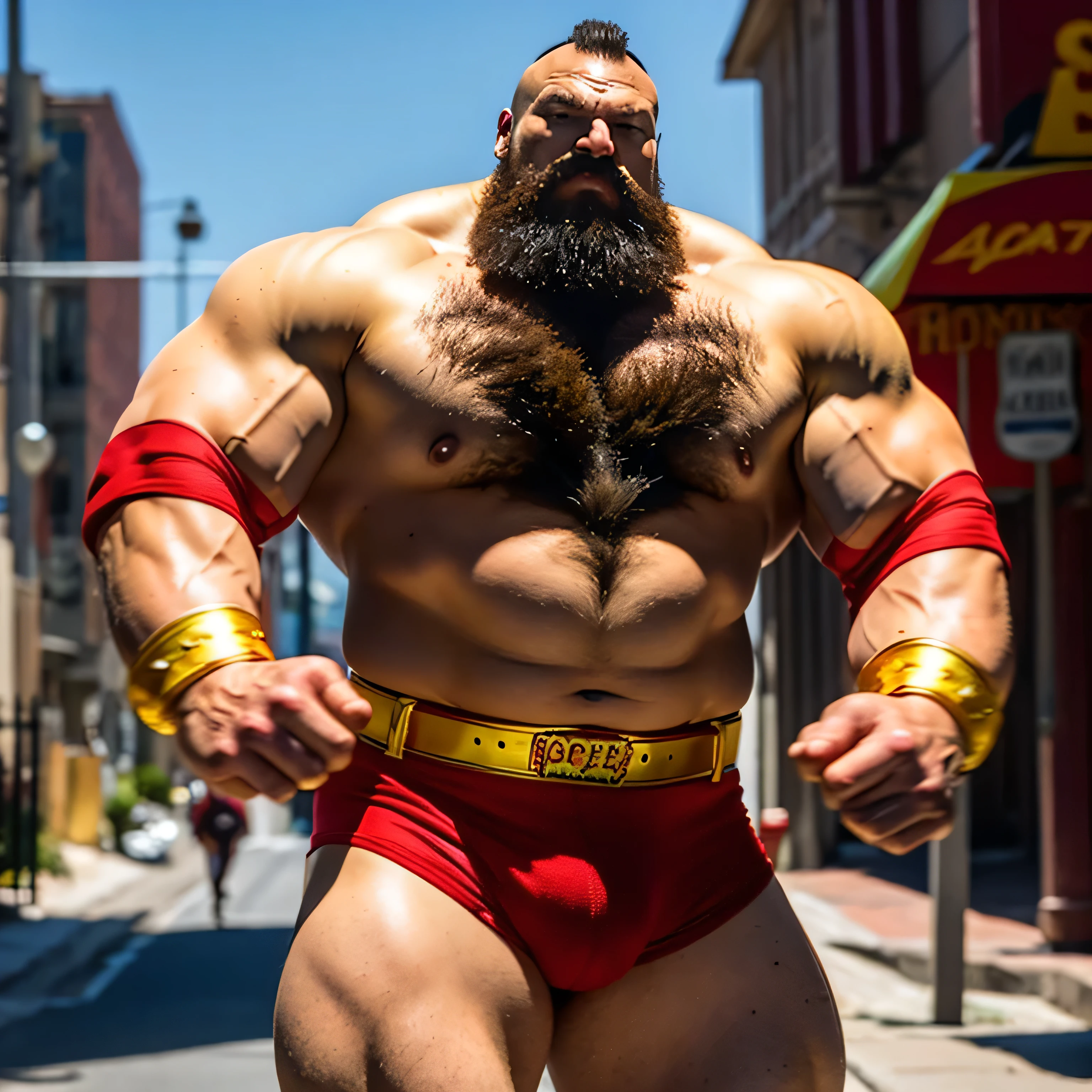 zangief,a man with a beard and a golden belt, fighting game character, street fighter 5,muscled humanoid,heavy looking,buff man,wrestler,Red briefs,capcom,street fighter,shirtless,muscular male,chest hair,visually weighty,bearded man,mohawk hair,no wristband,best quality 
