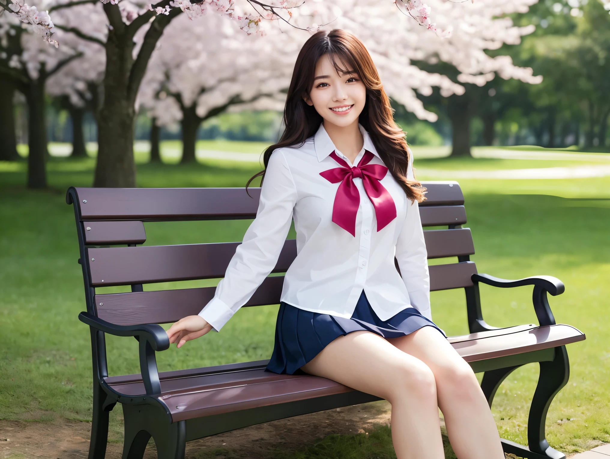 (highest quality、Tabletop、8k、Best image quality、Award-winning works)、One high school girl、16 years old、(alone:1.1)、Perfect beautiful composition、(Breasts so big that they almost burst:1.2)、(Accentuate your body lines:1.2)、Slender body、(A perfect and accurate white polyester shirt:1.1)、(Navy Pleated Skirt:1.1)、(Red uniform ribbon on chest:1.1)、(sitting on a park bench:1.1)、(Bold Thick Legs:1.2)、(One of the most natural and perfect benches:1.2)、(The most accurate bench, perfectly crafted:1.1)、(The biggest smile looks at me:1.1)、(Smiling with perfect beautiful teeth:1.1)、(Beautiful park background with strong blur:1.1)、The most natural and perfect beauty park、A perfectly maintained regular park、Standing Elegantly、Natural Makeup、(beautiful thick legs:1.2)、Ultra-high definition beauty face、Ultra HD Hair、Ultra-high definition sparkling eyes、(Ultra-high resolution glossy skin:1.1)、Ultra-high quality glossy lips、(Accurate ???????:1.1)、(very bright and vivid:1.1)、(Handcrafted to perfection:1.2)、Cherry tree in the distance