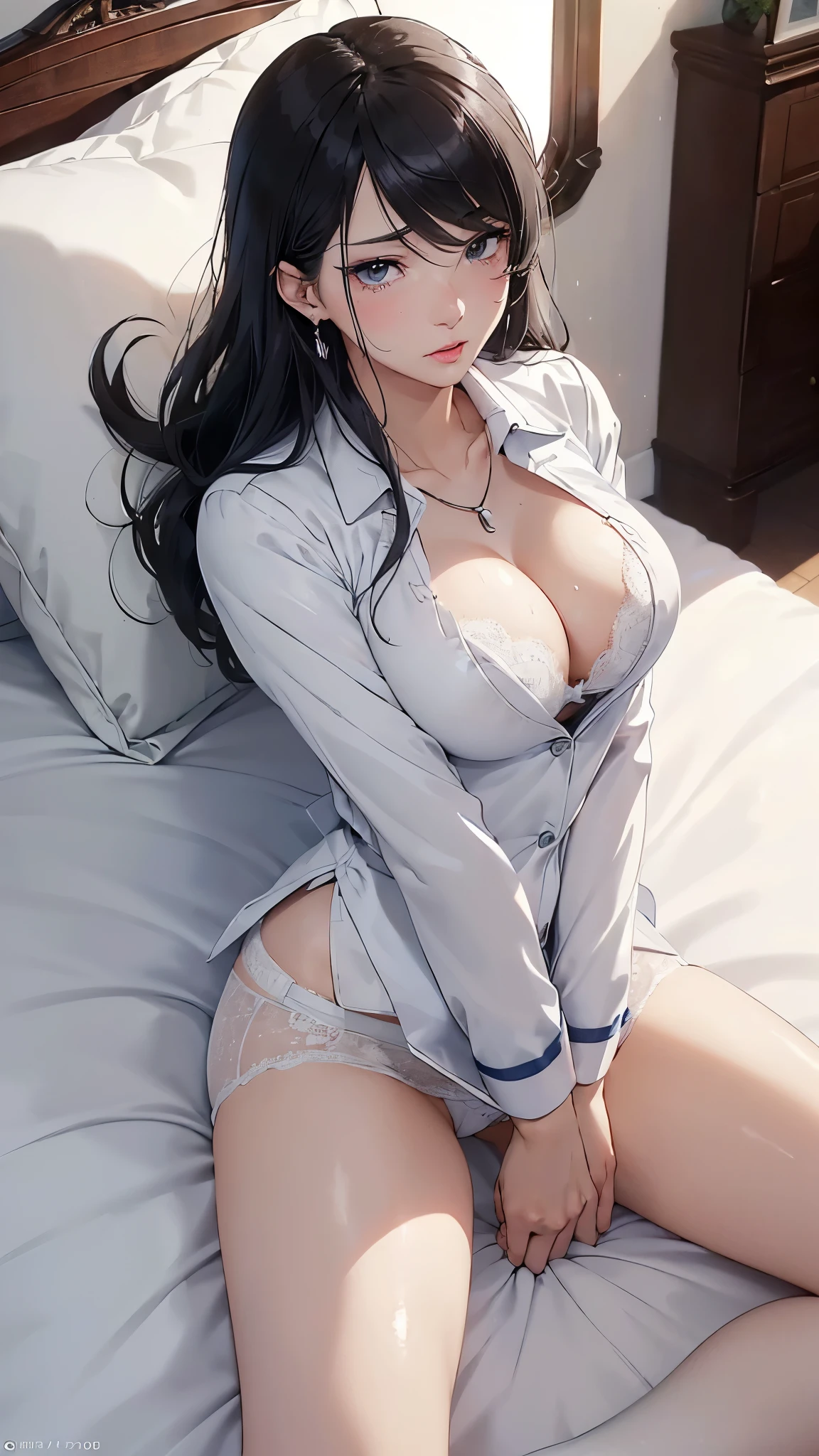 (masterpiece: 1.3), (Maximum resolution: 1.2), (Ultra HDTV: 1.2), Cinematic Light, 8k resolution, Detailed facial features , (Sharp focus: 1.2), (Focus on the face:1.2),Perfect Style, Beautiful Face, Acura, Anatomically correct, Highly detailed face and skin texture, Beautiful Eyes,Beautiful Eyes, Thin eyebrows, Glitter Eyeliner: 1 Natural Cheeks, Glowing Skin, Fair skin: 1.2, (Glossy Lips: 1.4),、 (Embarrassed look: 1.2),Highly detailed face and skin texture, Natural Cheeks, , Glossy Lips: 1.4,Perfect Style、Cleavage、Soft Breasts、(White mucus on chest:1.4)(White mucus on thighs:1.2)、 blush、A humiliating look、Anxious expression、A look of humiliation、Embarrassed expression、Glare、anger、sorrow、tears、Open your knees、Spread your legs、 White underwear、White bra、Sparkly little earrings and necklace、Disheveled clothes、White panties、sweating、Thin underwear、stockings、22 years old, A clean-cut woman,1 person、 Upward-facing chest, first class cabin、On the bed、(On my back, ベッドにLying down, ベッドにLying downいる, Lying down, White sheets:1.3)、Black Hair、blonde、Silver Hair、Blue-gray eyes、Green Ash Eye,(Stewardess Uniform:1.4)、