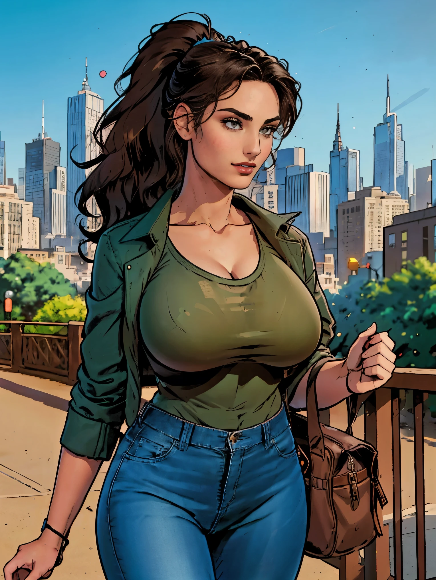 (masterpiece, top quality, best quality, official art, beautiful and aesthetic:1.2), (1girl:1.3), dark brown hair pulled back, elegant updo, extremely detailed, portrait, looking at viewer, facing viewer, solo, (full body:0.6), detailed background, close up, kindly eyes, (warm summer park theme:1.1), busty woman, charlatan, smirk, mysterious, long hair, huge ponytail, slim, thin, athletic, womanly, elastic woman, dark green jacket, tank top, blue jeans, hair bandana, camera bag, brunette, city, heroic, cheerful, city exterior, park, street, daylight, soft lighting, natural lighting, athletic, strong, slim waist, slim hips, long legs, muscular legs, modern (city park exterior:1.1) background, bright mysterious lighting, shadows, magical atmosphere, dutch angle,
