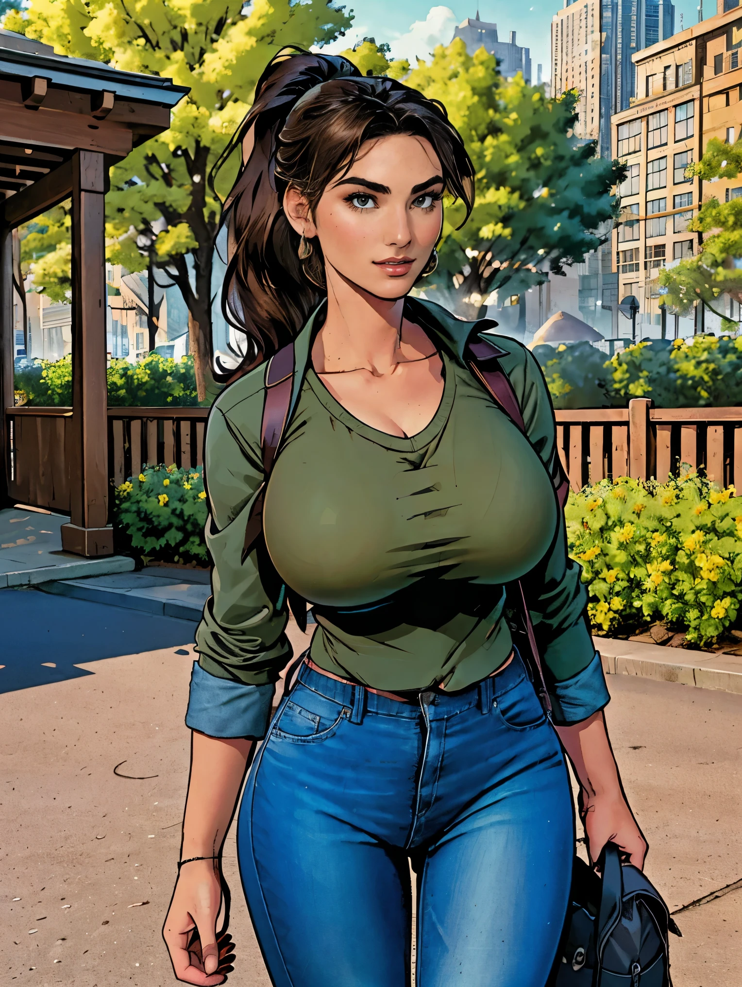 (masterpiece, top quality, best quality, official art, beautiful and aesthetic:1.2), (1girl:1.3), dark brown hair pulled back, elegant updo, extremely detailed, portrait, looking at viewer, facing viewer, solo, (full body:0.6), detailed background, close up, kindly eyes, (warm summer park theme:1.1), busty woman, charlatan, smirk, mysterious, long hair, huge ponytail, slim, thin, athletic, womanly, elastic woman, dark green jacket, tank top, blue jeans, hair bandana, camera bag, brunette, city, heroic, cheerful, city exterior, park, street, daylight, soft lighting, natural lighting, athletic, strong, slim waist, slim hips, long legs, muscular legs, modern (city park exterior:1.1) background, bright mysterious lighting, shadows, magical atmosphere, dutch angle,
