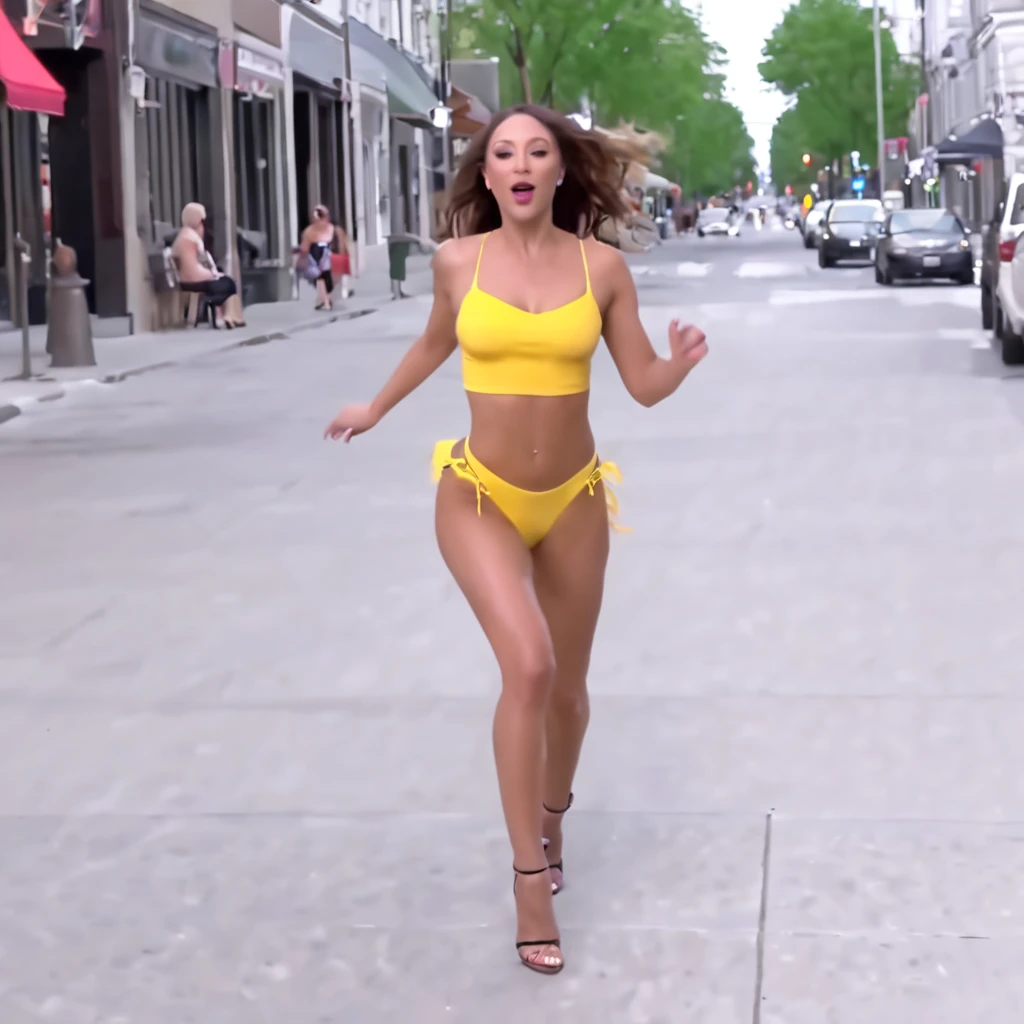 A sexy woman (sexy outfit) dances and skips along the sidewalk without a care in the world
