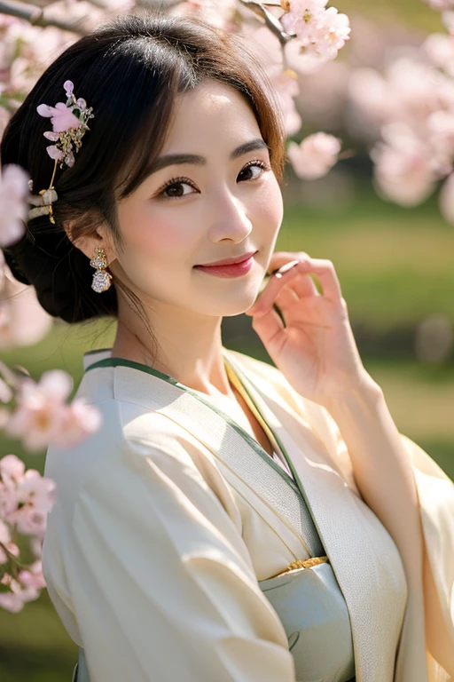 beautiful Japanese woman, mature woman, detailed features, traditional Japanese clothing, graceful posture, elegant atmosphere, delicate makeup, subtle smile, soft lighting, cherry blossom background, geisha-like hair accessories, bamboo garden, tranquil and serene, high-res, vibrant colors, realistic portrait, fine brushstrokes, traditional painting style