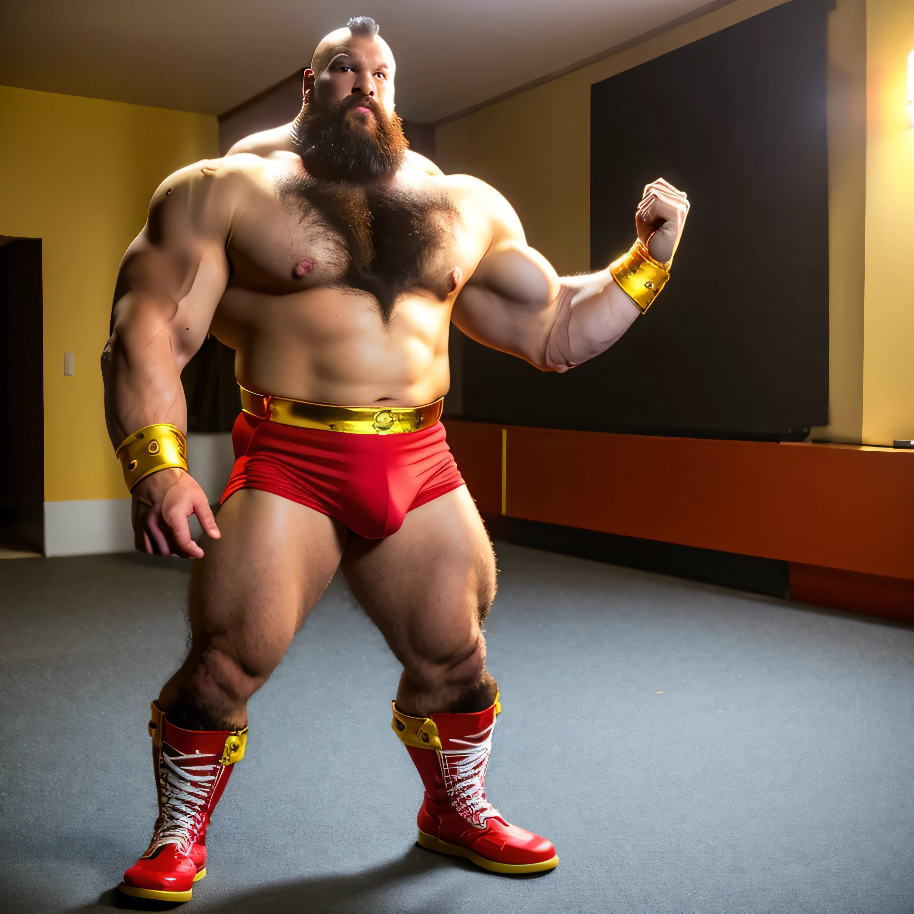 zangief,a man with a beard and a golden belt, fighting game character, street fighter 5,muscled humanoid,heavy looking,buff man,wrestler,Red short briefs,capcom,street fighter,shirtless,muscular male,chest hair,visually weighty,bearded man,mohawk hair,no wristband,Red Wrestling Boots((best quality)), ((masterpiece)), (detailed), perfect face
