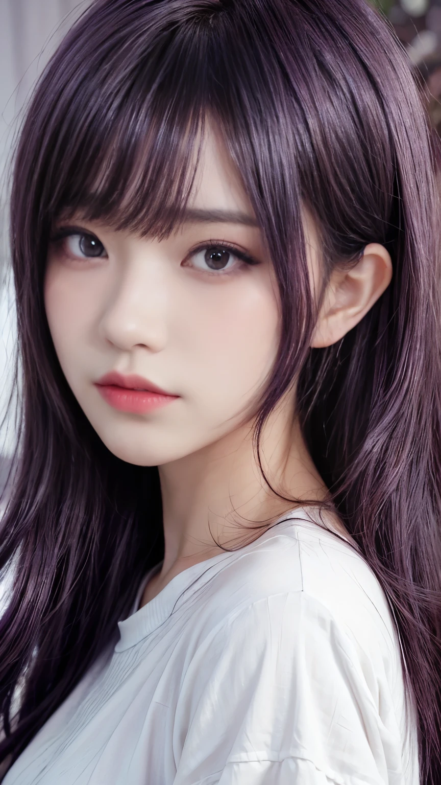 background（Black Night Sky，Big Moon），Close-up of a woman，Wearing a white shirt、Purple Hair，Very long hair，very thick braids，Purple eyes，big ， realistic girl rendering, 8k artistic german bokeh, Enchanting girl, Real Girl, Gurwitz, Gurwitz-style artwork, Girl Roleplay, Realistic 3D style, cgstation Popular Topics,, 8K Portrait Rendering,（truth，truth：1.4），Wear pink pajamas，巨big ，Sparkling eyes，Purple eyes