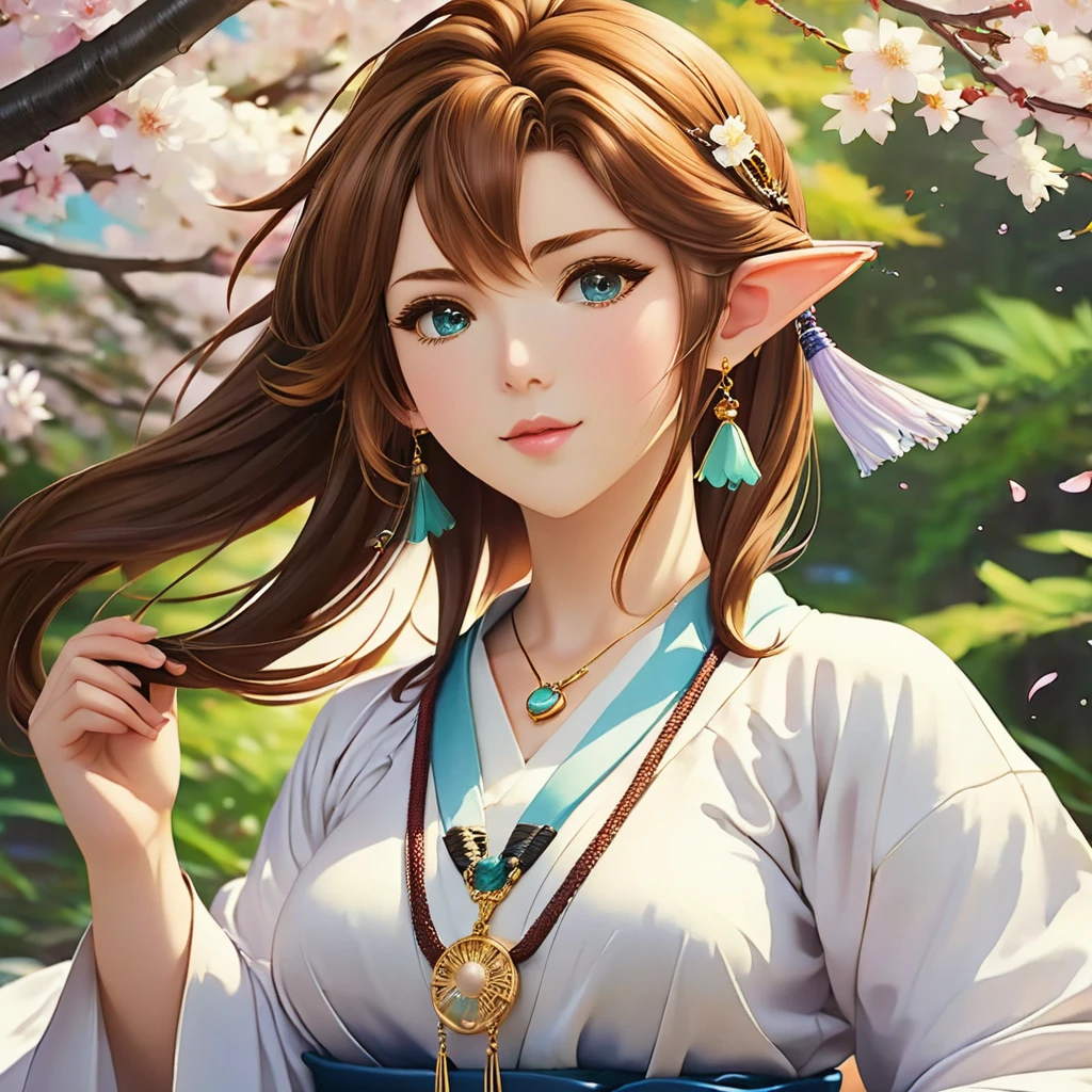 Final fantasy (Yuna) Anime girl with brown hair and a white kimono dress holding her necklace, beautiful character painting, soft anime CG art, realistic anime art style, beautiful anime portrait, beautiful anime woman, photorealistic anime girl rendering, Makoto Shinkai and Artgerm, realistic 3D anime style, anime realism style,  Anime Style Digital Art, Beautiful Anime Girl