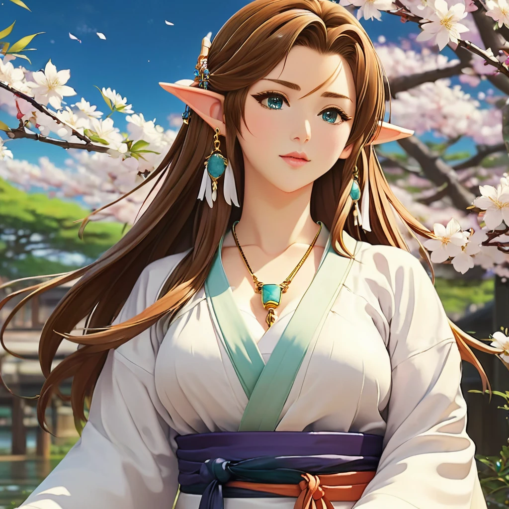 Final fantasy (Yuna) Anime girl with brown hair and a white kimono dress holding her necklace, beautiful character painting, soft anime CG art, realistic anime art style, beautiful anime portrait, beautiful anime woman, photorealistic anime girl rendering, Makoto Shinkai and Artgerm, realistic 3D anime style, anime realism style,  Anime Style Digital Art, Beautiful Anime Girl