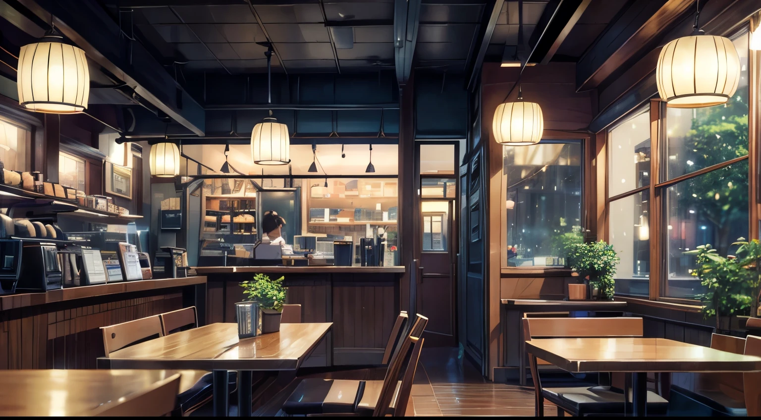 A magical scene in a small coffee shop on a rainy afternoon, Captured by Makoto Shinkai, A soft color palette to enhance the atmosphere, Lo-fi musicians who add unique layers of sound, An atmosphere of tranquility and cheerfulness (Better Quality), (8k resolution), (Ultra-high resolution)