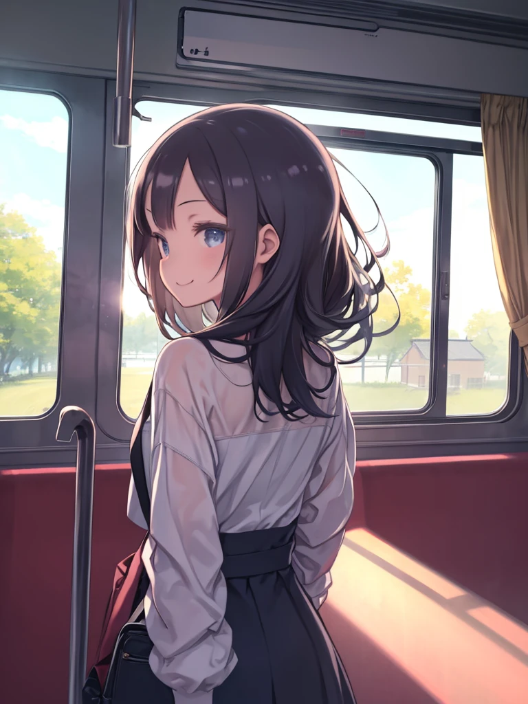 masterpiece、highest quality、High resolution、Very detailed、Beautiful eyeedium wide shot、Girl、Inside the train、View from the window、smile、Hair blowing in the wind、View from the window、Attach cheek cane、On the go、Angle from behind、