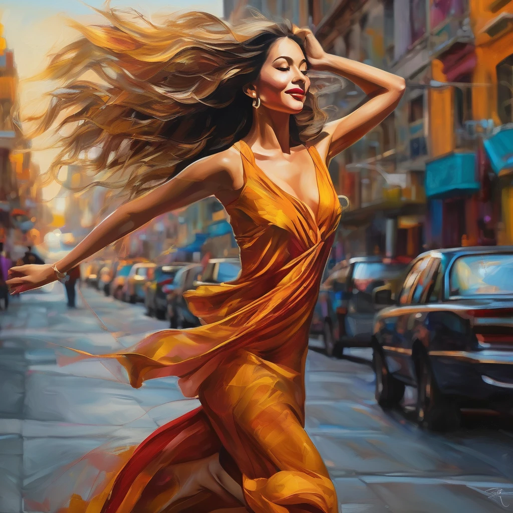 A sexy woman, skipping along the sidewalk carefree, dancing with a sexy outfit. Her long flowing hair is beautifully styled, cascading down her back. She is radiating confidence and allure as she moves gracefully. Her eyes are alluring and captivating, with a hint of mischief. Her lips are full and seductive, inviting you to join her in this fun-filled moment. The scene is bathed in the warm golden light of the setting sun, casting a flattering glow across the woman's figure. The vibrant colors of her outfit pop against the urban backdrop, adding an extra touch of excitement to the scene. The streets are lined with tall buildings, bustling with energy and movement. Pedestrians go about their day, but it is the woman who steals the spotlight with her carefree dance. The artwork is a stunning mixture of digital illustration and photography, blending the lines between reality and fantasy. The details are exquisite, with every strand of hair, every fold of fabric, and every crease on the sidewalk rendered with precision and depth. The image is in high resolution, capturing every nuance and enhancing the sense of realism. The overall effect is vibrant and visually striking, drawing the viewer into the world of the woman's joyful dance. The art style is a fusion of contemporary and sensual, celebrating the beauty and confidence of the woman. It exudes an air of sophistication and empowerment, capturing the essence of her carefree spirit. The colors are rich and vibrant, ranging from bold and vivid to soft and romantic. The lighting accentuates the woman's features, highlighting her curves and creating a sense of depth and dimension. In this artwork, the woman becomes the focal point, exuding sensuality and confidence with every move. Her carefree dance symbolizes liberation and self-expression, inviting the viewer to embrace their own and joy. The overall atmosphere is one of excitement and celebration, capturing a moment of pure bliss and vitality. Keywords: