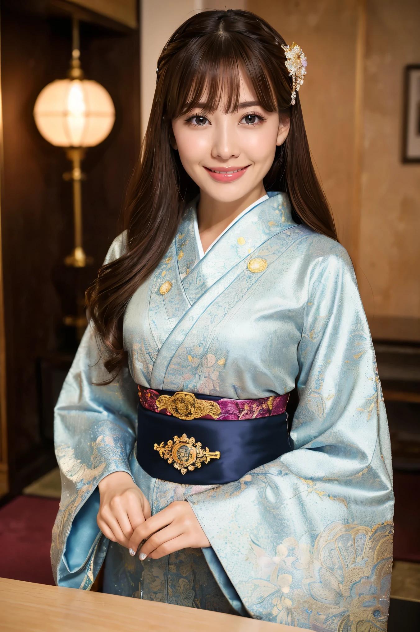 ((highest quality、Tabletop、8k、Best image quality、Extremely intricate and detailed))、(Japan'Most gorgeous whore goddess:1.2)、((The most gorgeous prostitute goddess in huge costume、The most luxurious and highest quality giant tiara、The most luxurious and highest quality giant necklace、the most vivid and luxurious costumes、big long costume、An unimaginably luxurious goddess' room、Sparkly purple and pink room、Purple and pink interior、The most natural and perfect goddess room、The most luxurious and perfectly appointed room of the prostitute goddess、Perfectly organized room、The most luxurious purple and pink room、Purple and pink gemstones、A glittering room decorated with many jewels、Very intricate decoration、Very transparent goddess room))、(Please look at me、Captivating smile、Perfect Makeup、Long eyelashes、lipstick、Pink Eyeshadow、Perfect Anatomy、The best smile)、(very bright and vivid:1.1)、(Shiny skin:1.1)、(Ultra-high definition, bright and beautiful skin:1.1)、Ultra-high definition beautiful teeth、Ultra HD Hair、Ultra-high definition sparkling eyes、(very bright and vivid:1.3)、(Very bright and beautiful skin:1.3)、Brown Hair