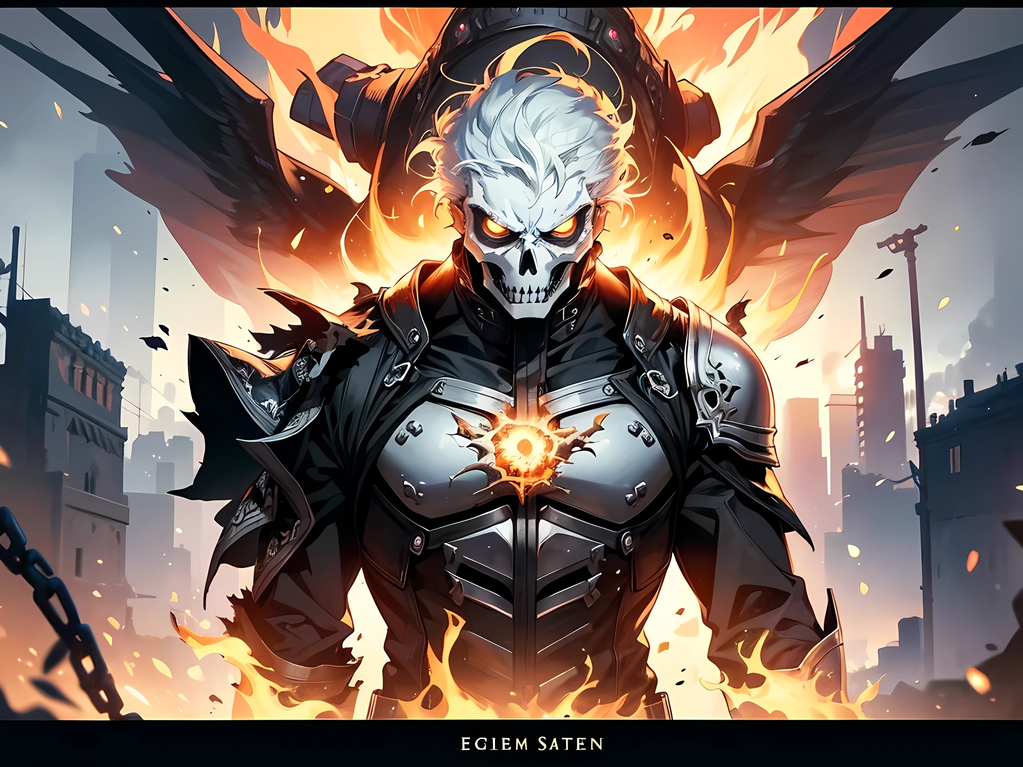 Ghost rider with a scull for a face with a flaming chain in his hand, 4k fantasy art, epic fantasy digital art style, fantasy card game art, artgerm and atey ghailan, epic fantasy style art, epic fantasy card game art, 2. 5 d cgi anime fantasy artwork, epic fantasy art style, epic fantasy art style hd, scary ghost rider, detailed eyes, extremely detailed eyes, half-body illustration, (half-body:0.6)
