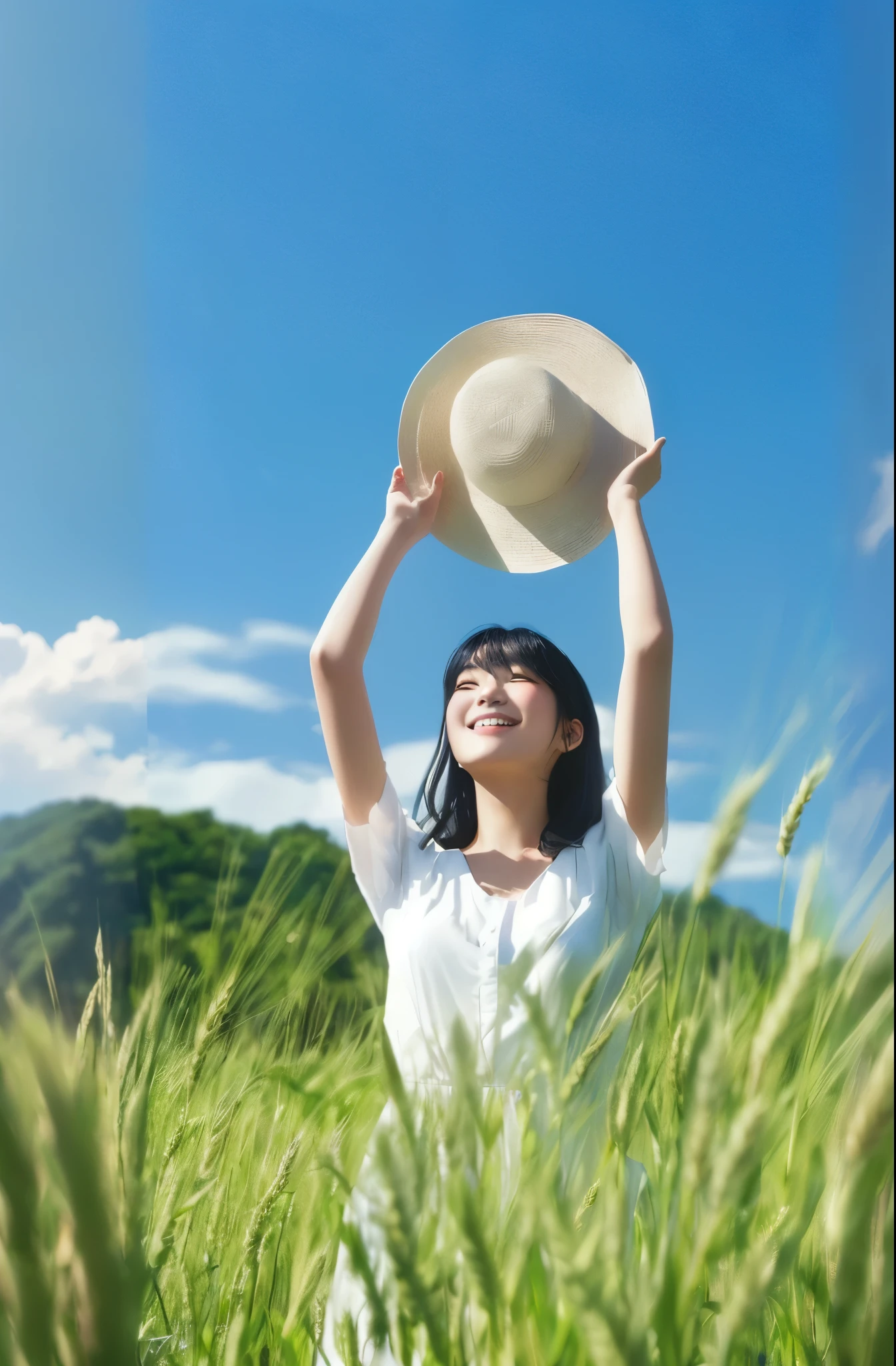 A young Japanese woman wearing white, holding her hat in the air as she stands amidst tall green wheat fields under clear blue skies. She has black hair and is smiling at something off camera. The photo captures an outdoor scene with natural lighting that highlights both her attire and surrounding environment. Her pose suggests calmness or contemplation against nature's backdrop. Shot in the style of ultra realistic photography, the image was captured with a Nikon D850 DSLR. sense of light,fairytale, fantasy, Best quaity, lsometic view, oc render,C4D,bright background, Artwork, Victo Ngaistyle, 16k ,super detailed