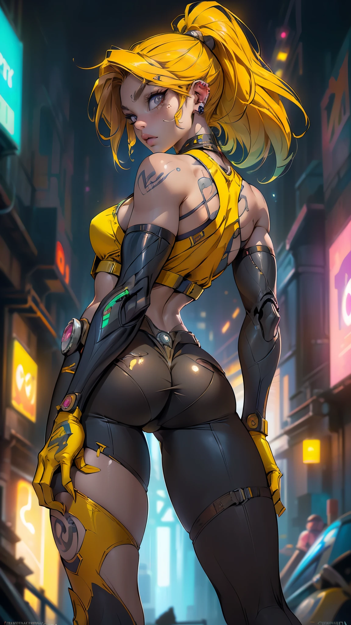 (rear view, backside view),(La mejor calidad,A high resolution,Ultra - detallado,actual),Ariana Grande , retrato, (Superchica zombi de DC:1.4 ) , (biomech yellow :1.4 ) , robot complejo, crecimiento completo, Hyper realistic, crazy little details, extremely clean lines, (ciberpunk aesthetic) , obra maestra presentada en Zbrush Central, brutalist gothic cathedral, ciberpunk, foto premiada, bokeh, neon lights, cyber member, (pose vaquero) ,More detailed 8K.motor irreal:1.4,UHD,La mejor calidad:1.4, fotorrealista:1.4, textura de la piel:1.4, obra maestra:1.8,obra-prima, mejor calidad,objeto Objeto], (detailed face features:1.3), (chemical laboratory ruins background:1.4 ), (ciberpunk 2.1), (convexo dedos detallados), (Perfect anatomy), (hermosos ojos detailed :1.4 ),( lingerie yellow),( manos detailed :1.4), (face detailed :1.4), (colores brillantes), (Detalles de la cara: 1.5, ojos azules brillantes, hermoso rostro, ojos bonitos, Contorno del iris, labios delgados: 1.5, Thin, sharp pale eyebrows, Long, dark eyelashes, double tabs),