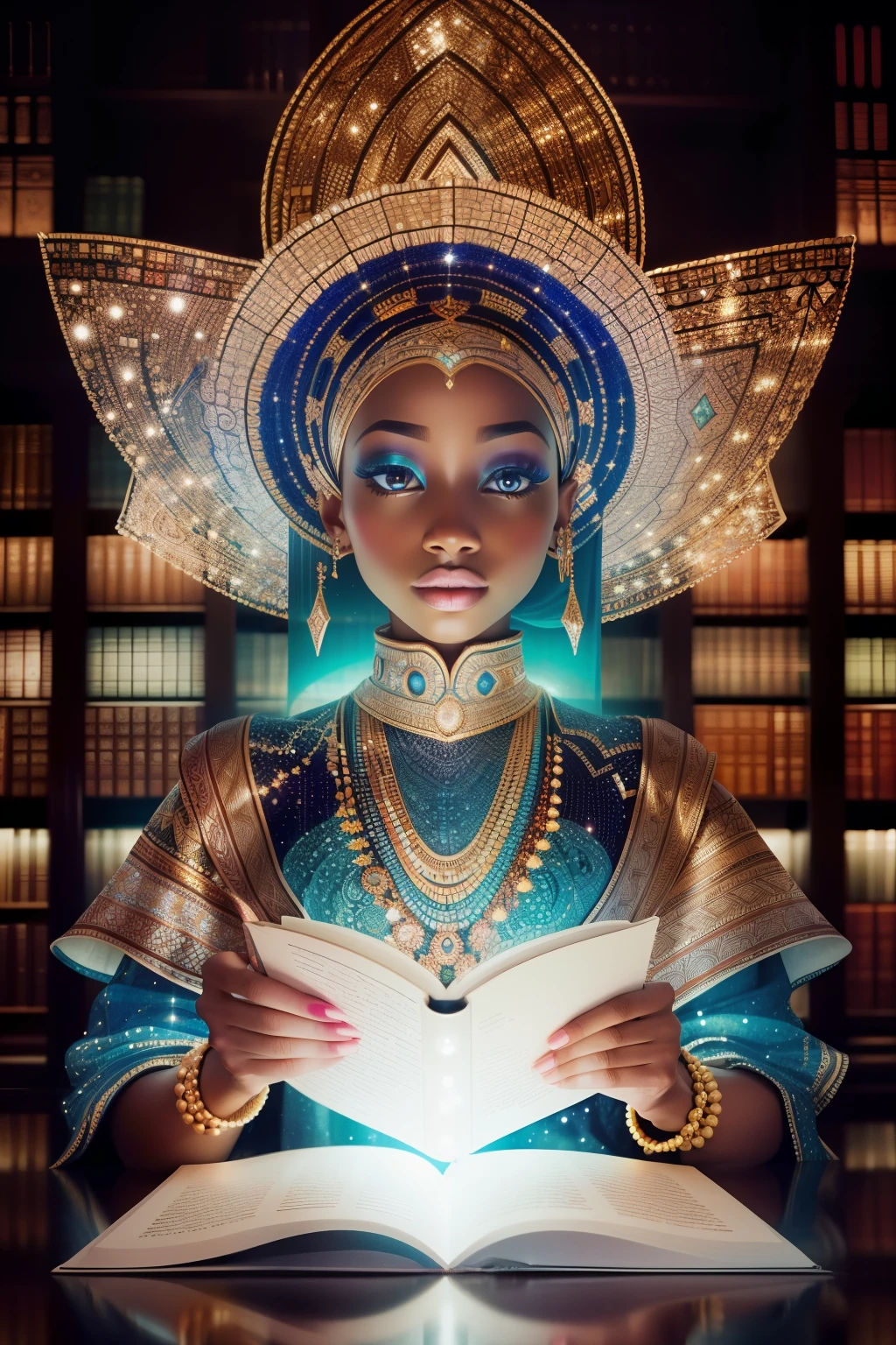 A holographic masterpiece showcases a miniature African woman, meticulously dressed in intricately designed paper clothes, nestled on the expansive pages of a colossal open book. The captivating scene unfolds as words from the book mirror her form, their reflections radiating in a stunning, white glow. The dimly lit library background maintains sharp focus on the ethereal image of the African woman suspended within the open pages of the book. The enchanting surrealism of this moment encapsulates the essence of a beautiful and intricately crafted illusion.