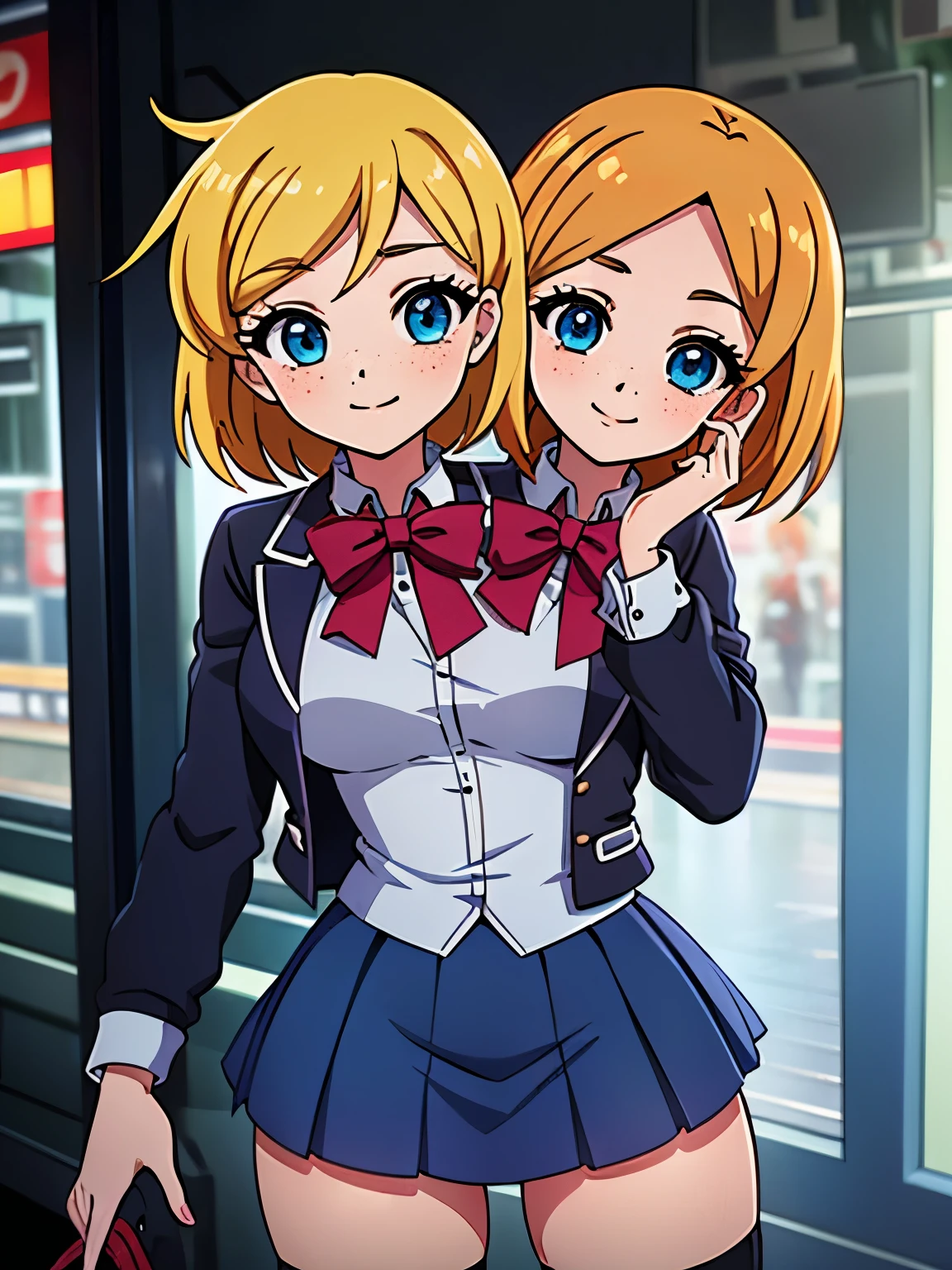 (masterpiece),(ultra-detailed), (high quality), (high resolution), (best quality:1.5, highres, UHD), highres, absurdo, ultra detail, ultra quality, Ultra resolution, 16k, ((2heads:1.5)), 1girl, ((anime girl with two heads)), (blonde hair) magenta blue blouse with jacket and a mini skirt with pleats, fingerless black gloves, suede shoes, freckles, gentle smile, tomboy, cowboy shot, railway station, blue eyes