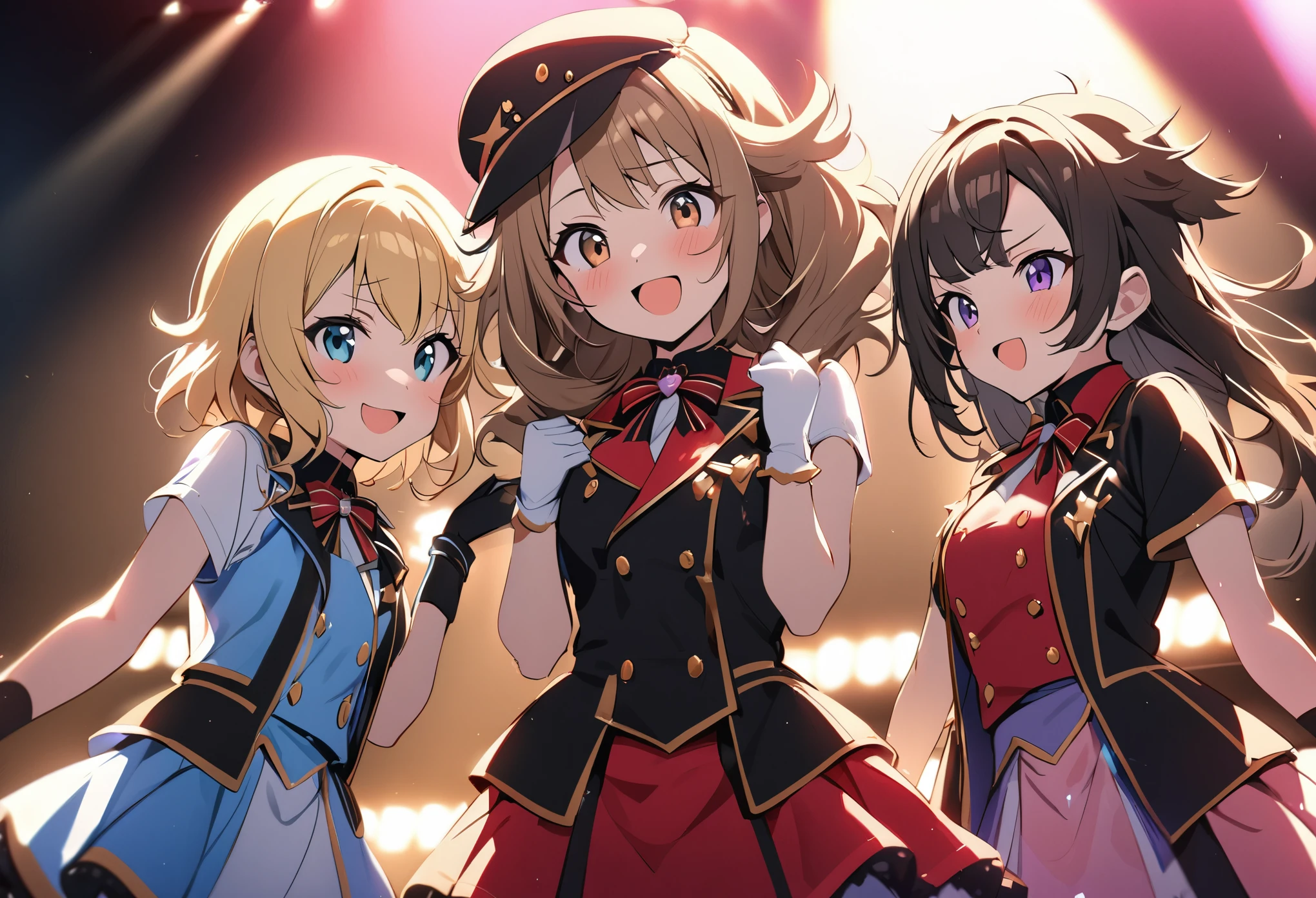 best quality, masterpiece, three-member female idol group, happy, smile, shy, traditional cute idol, serious idol, delinquent idol, brown messy hair, blonde hair, black short hair, pink, light blue, purple and black, cute, pretty, beautiful, friendly, glamorous stage, flashy lighting