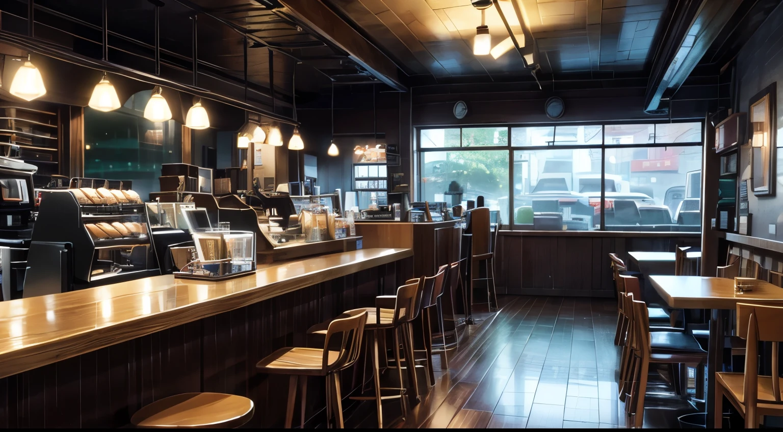 A magical scene in a small coffee shop on a rainy afternoon, Captured by Makoto Shinkai, A soft color palette to enhance the atmosphere, Lo-fi musicians who add unique layers of sound, An atmosphere of tranquility and cheerfulness (Better Quality), (8k resolution), (Ultra-high resolution)